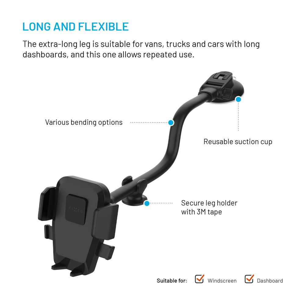 Ein schwarzer Autotelefonhalter mit Saugnapf und flexiblem Arm wird mit Nutzungshinweisen angezeigt.