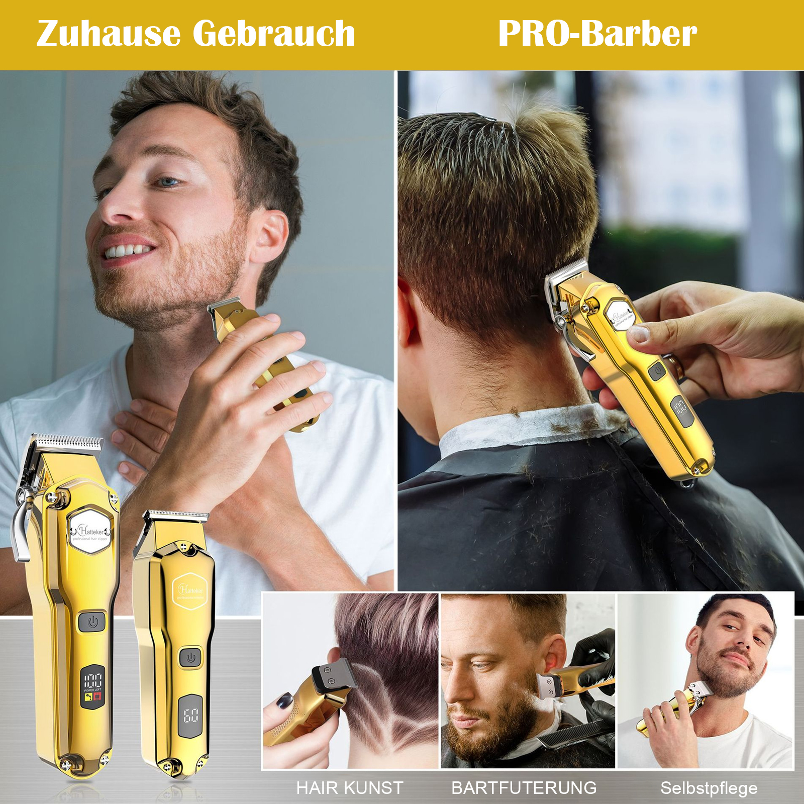 Collage von Personen, die goldene Haarschneidemaschinen zum Trimmen und Stylen verwenden, mit Textüberlagerungen.