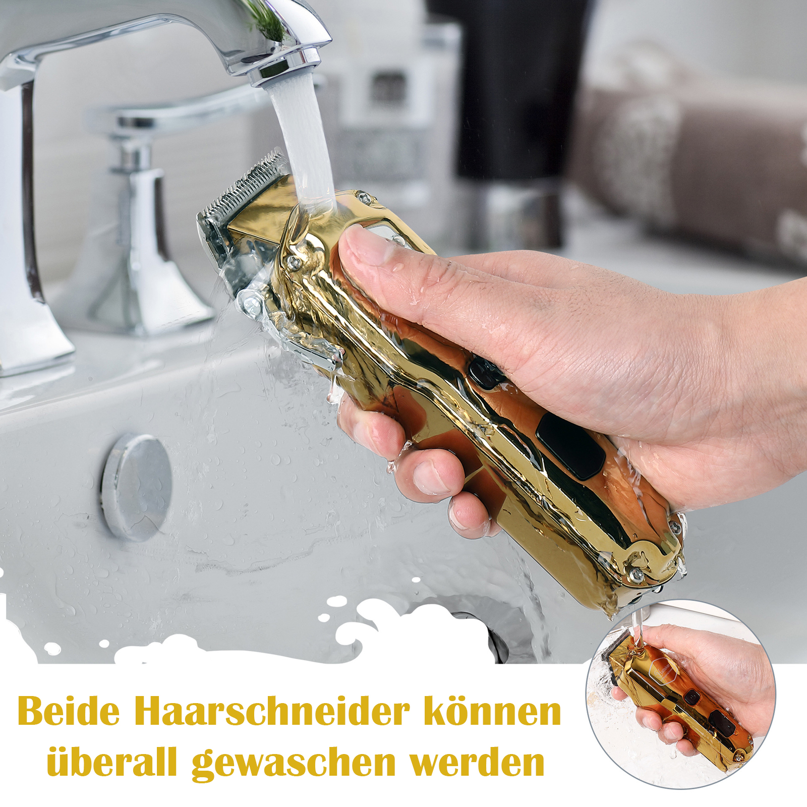 Eine goldene Haarschneidemaschine wird unter einem Wasserhahn in einem weißen Waschbecken mit laufendem Wasser abgespült.