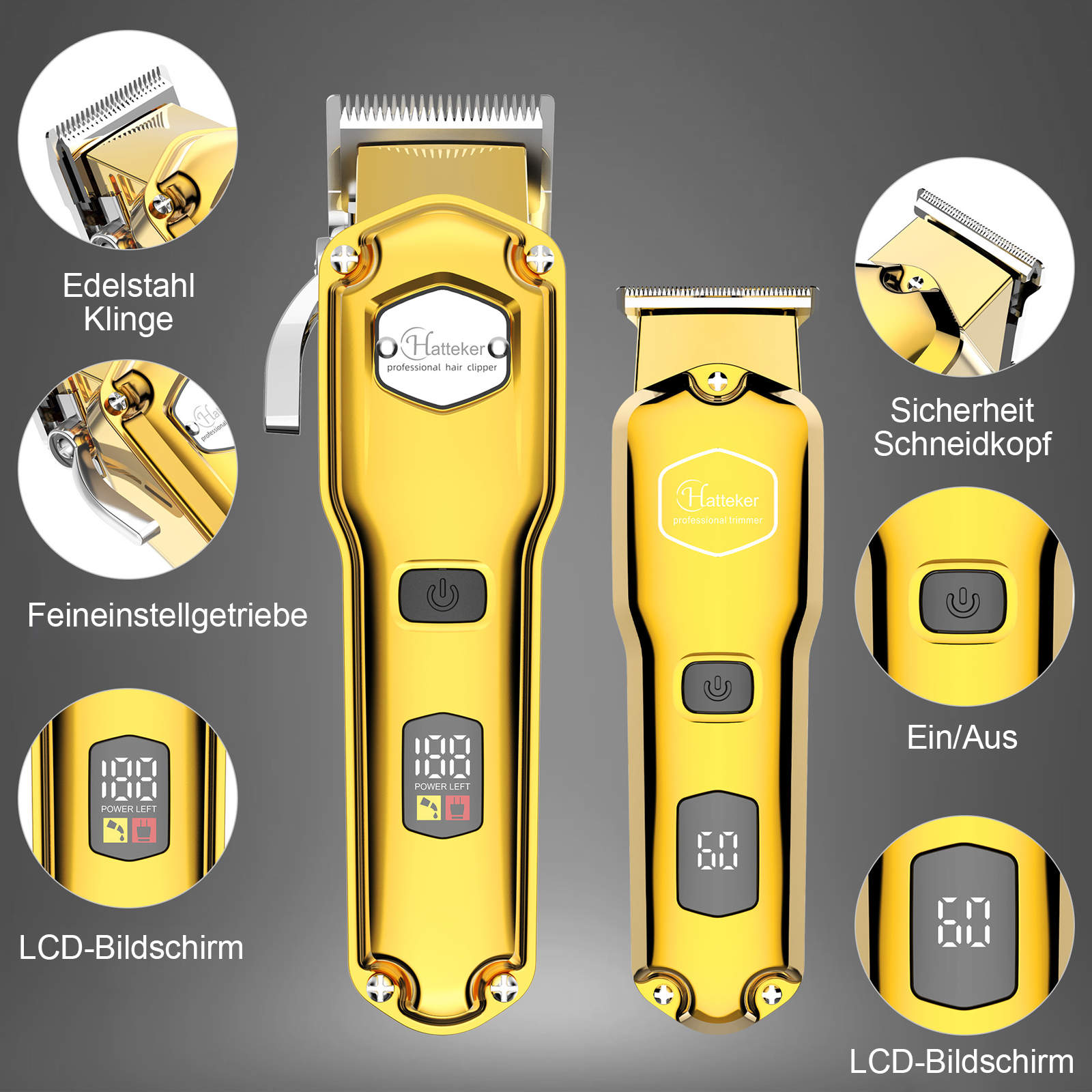 Zwei goldene Haarschneidemaschinen mit Etiketten, die auf Merkmale wie die Klinge und den LCD-Bildschirm hinweisen.