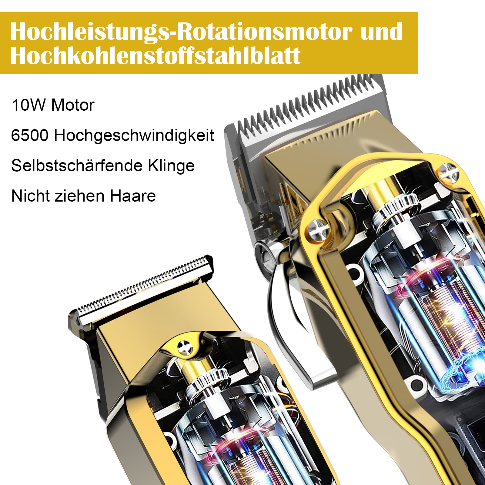 Nahaufnahme des Innenlebens einer goldenen Haarschneidemaschine, die den Motor und die Klinge hervorhebt.