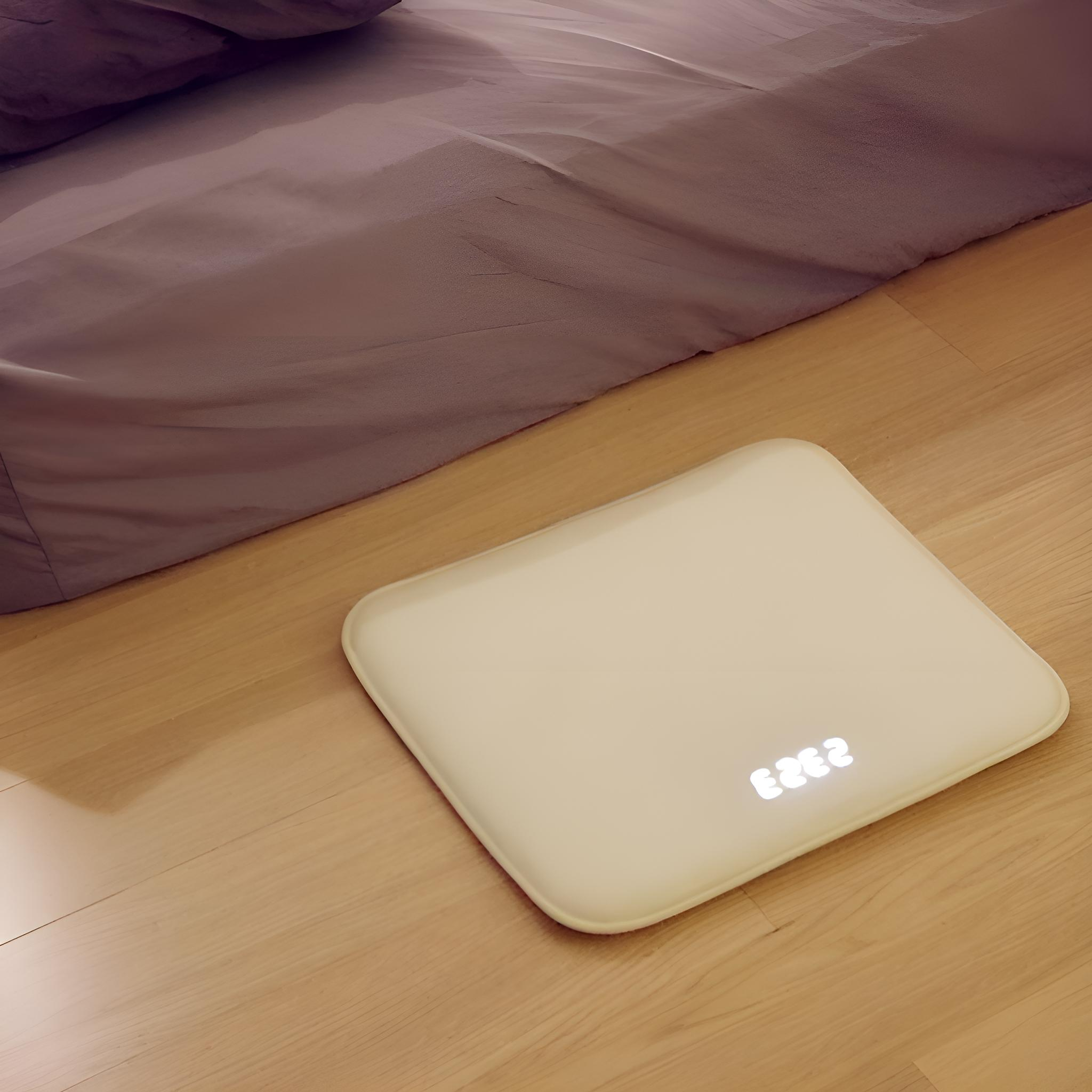 Eine cremefarbene Waage steht auf einem Holzboden neben einem Bett mit grauer Bettwäsche.