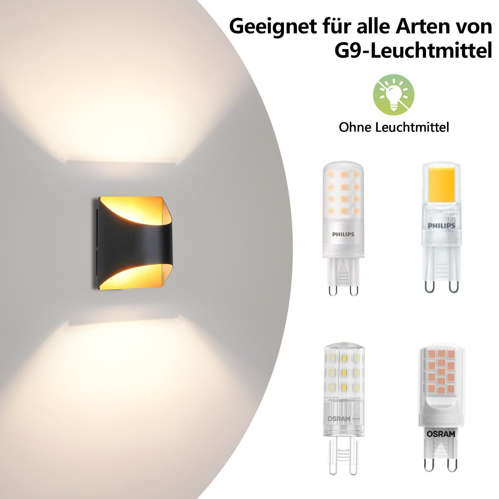 Una lampada da parete curva nera e oro è mostrata con lampadine compatibili su uno sfondo bianco.