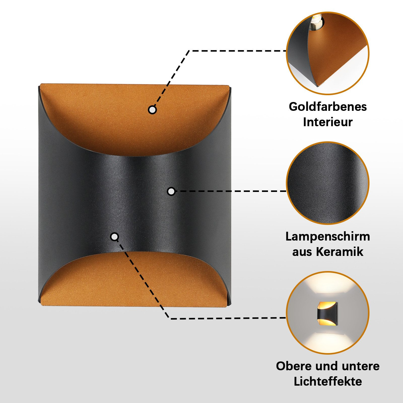 Un diagramma mostra i dettagli di una lampada da parete curva nera e oro su uno sfondo bianco.