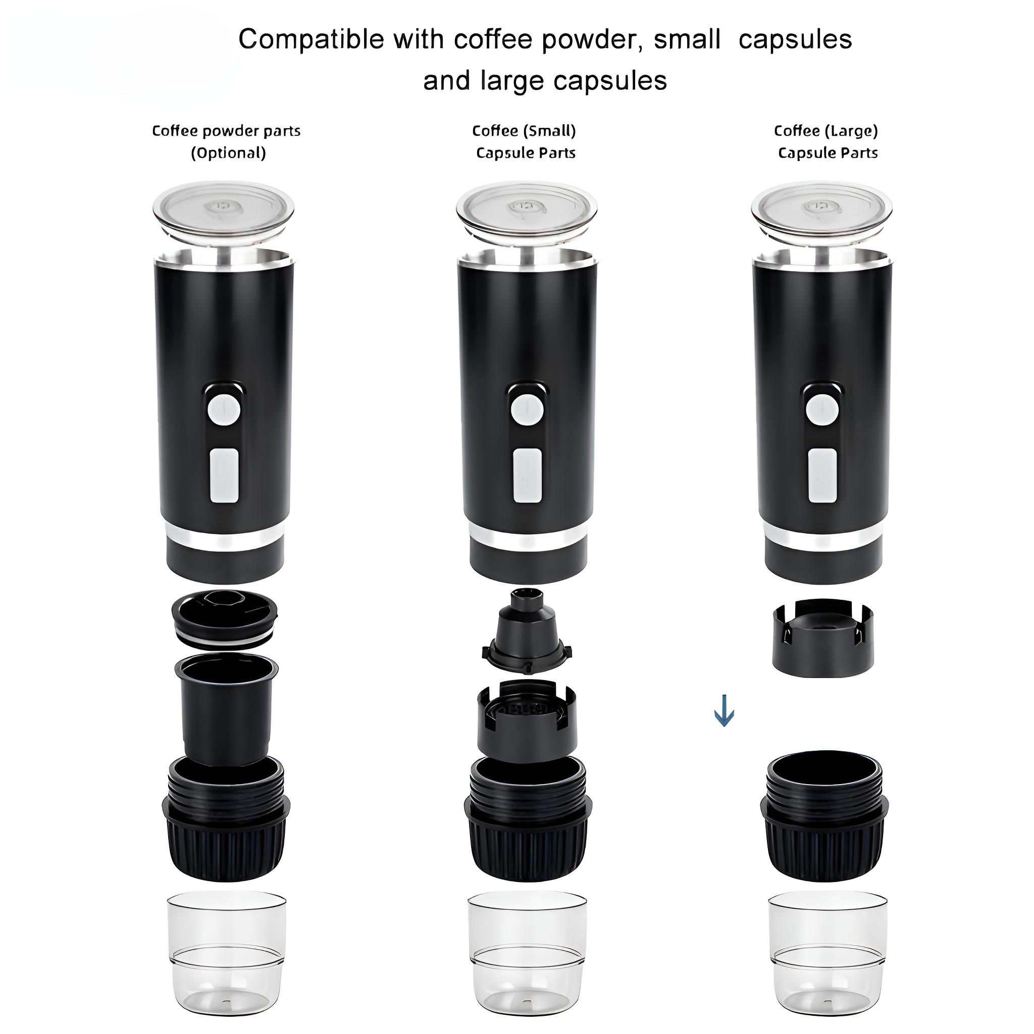 Diagramm einer zerlegten schwarzen Kaffeemaschine. Zeigt Teile für Kaffeepulver, kleine und große Kapseln.
