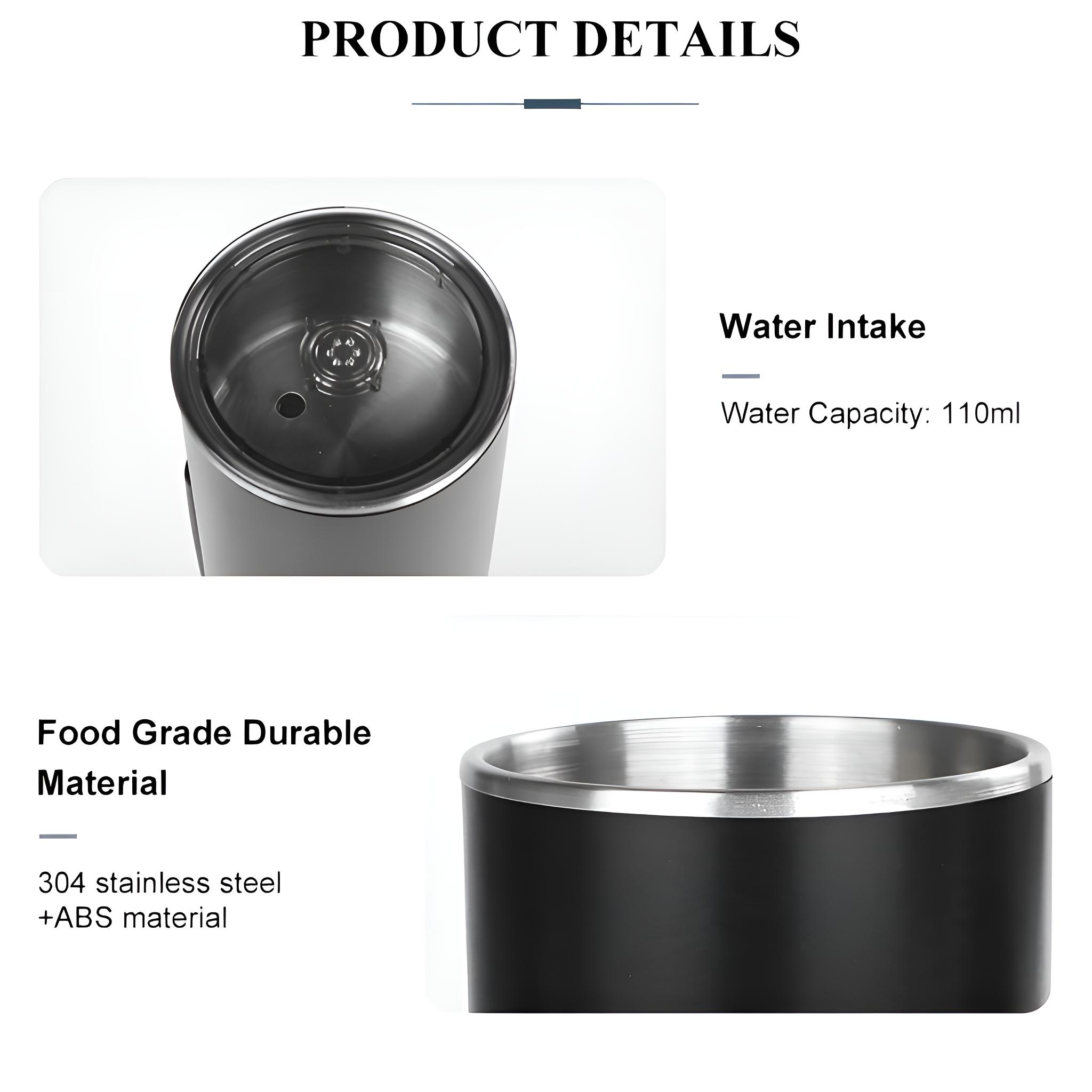 Produktdetails: Ein schwarzer Becher mit offenem Deckel. Text: Wasseraufnahme: 110ml und lebensmittelechtes Material.