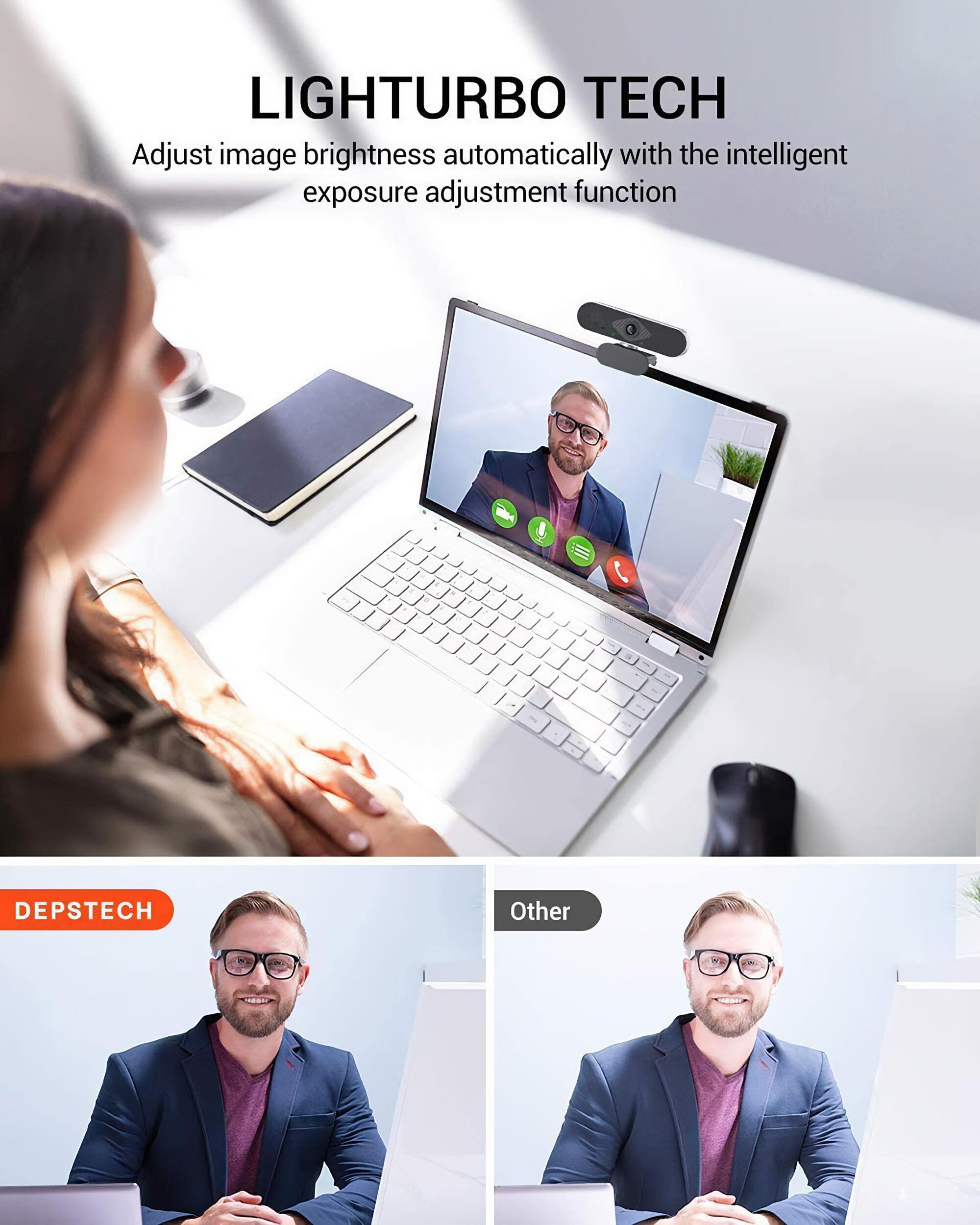 Eine Frau benutzt einen Laptop mit einer Webcam oben. Der Bildschirm zeigt zwei Versionen eines Mannes, hell und anders.