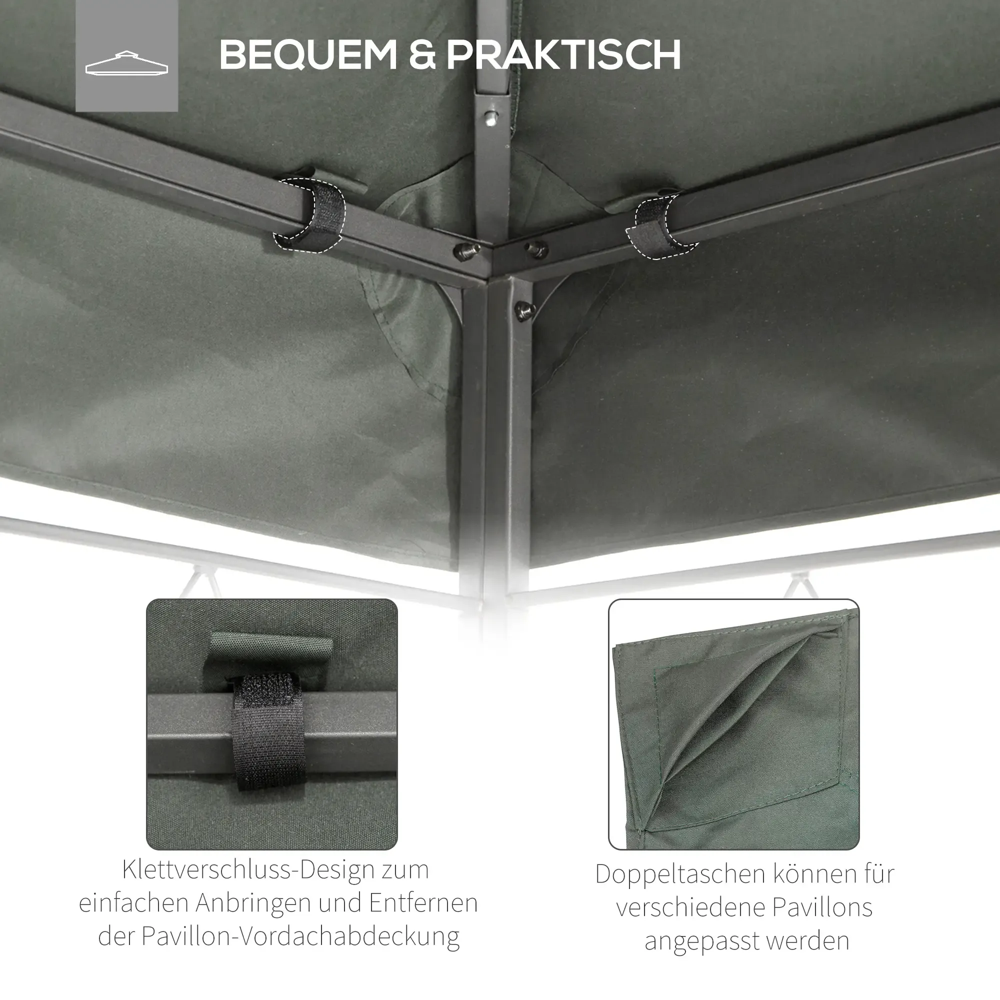 Nahaufnahme der Pavillondachkonstruktion. Zeigt die Befestigungselemente und Details des dunkelgrünen Stoffes.