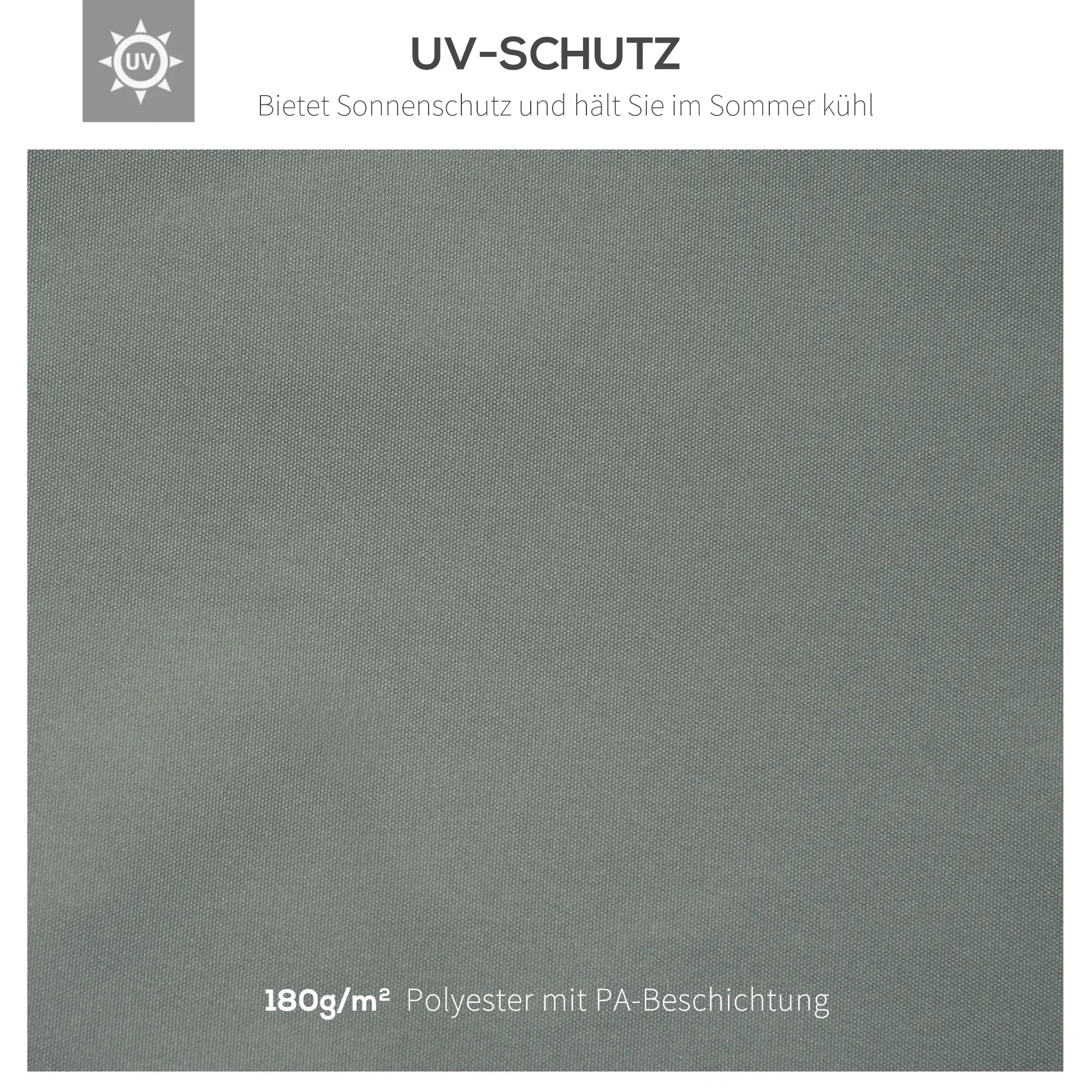 Nahaufnahme eines grauen Stoffes. Text: UV-Schutz und 180 g/m² Polyester mit PA-Beschichtung.