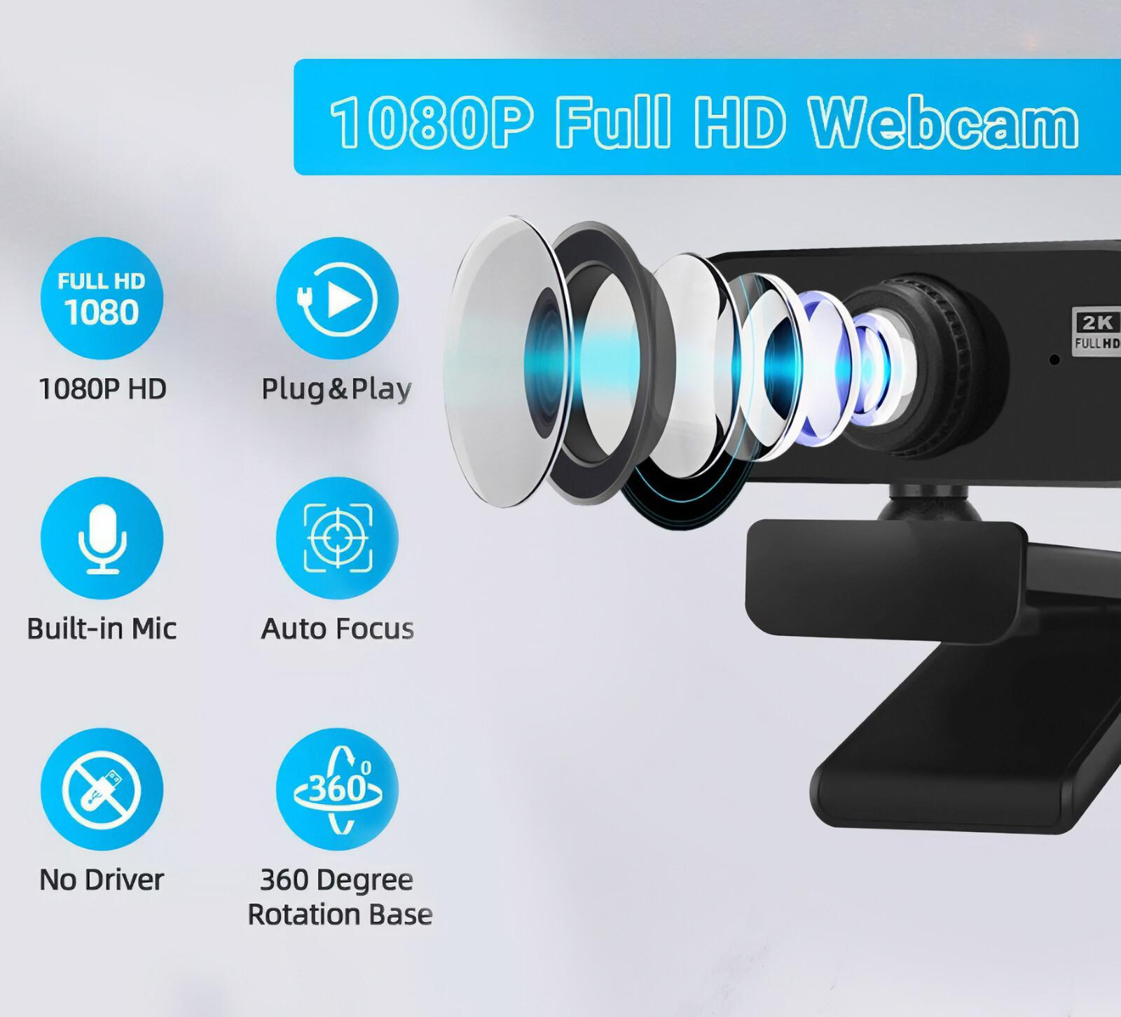 Nahaufnahme einer Webcam mit Symbolen für 1080P HD, Plug & Play, eingebautes Mikrofon, Autofokus, ohne Treiber und 360° Drehung.