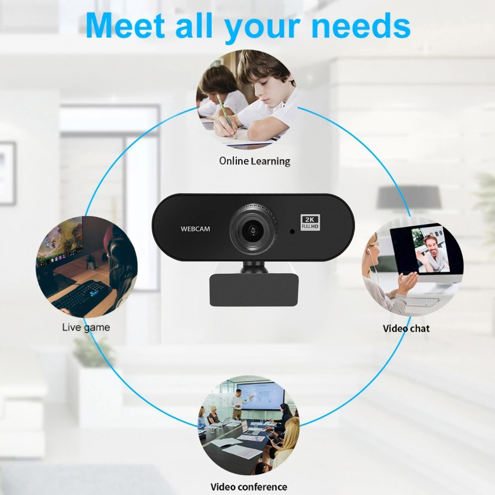 Eine Webcam wird mit Anwendungsfällen gezeigt: Online-Lernen, Live-Spiel, Video-Chat und Videokonferenz.