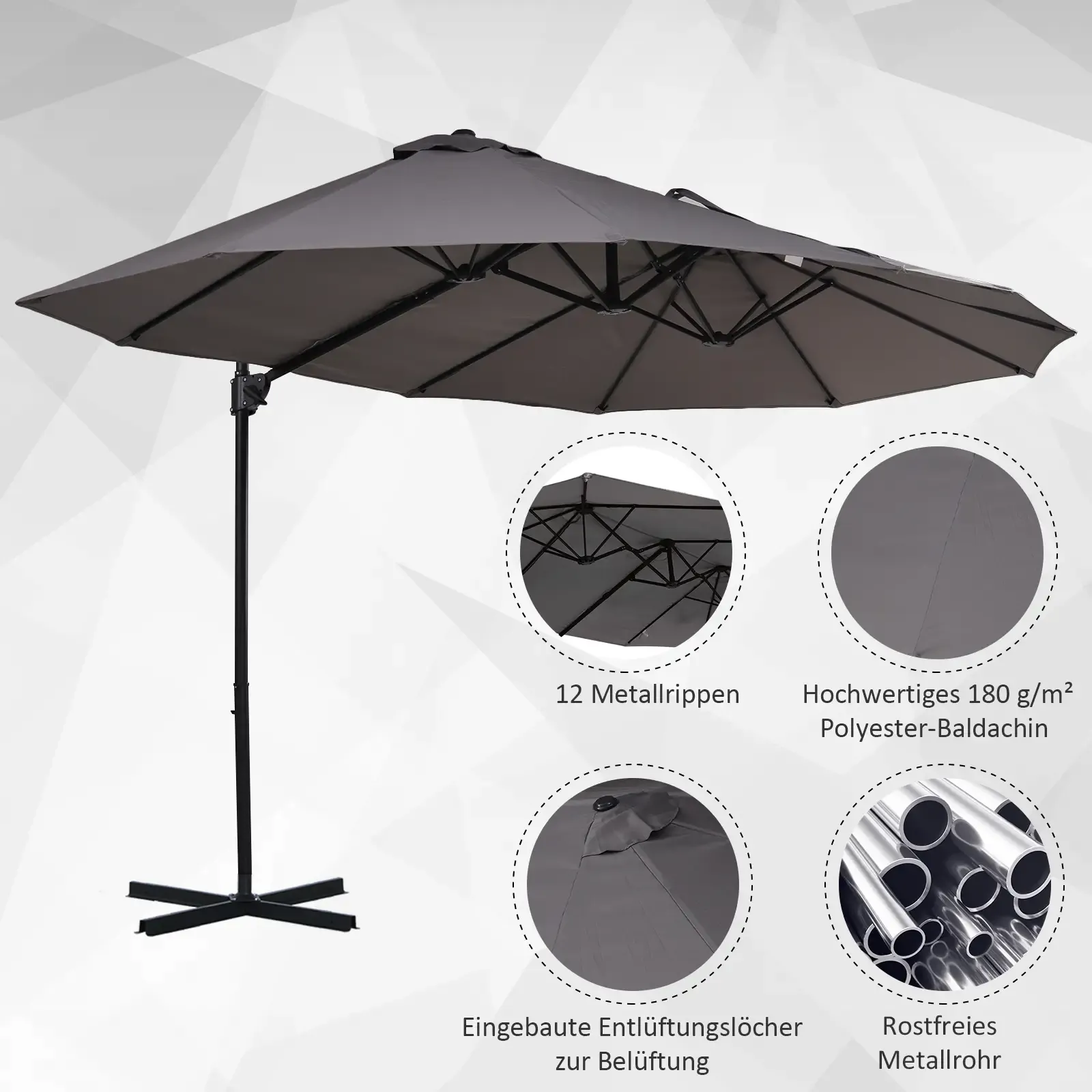 Ein grauer Doppel-Sonnenschirm steht auf einem schwarzen Metallfuß und spendet Schatten. Nahaufnahmen zeigen die 12 Rippen und die Belüftung.