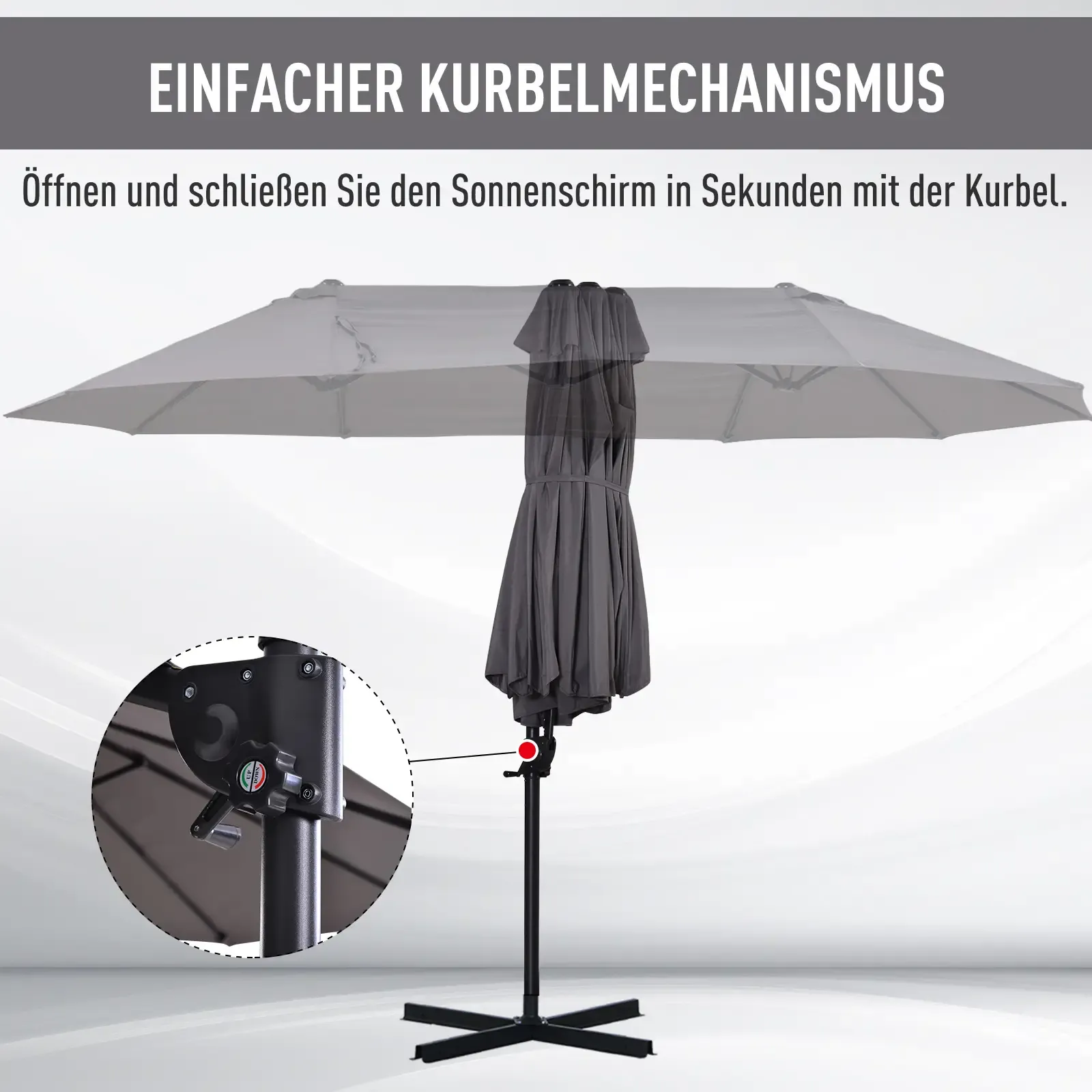 Das Bild zeigt einen grauen Sonnenschirm mit einem Kurbelmechanismus zum einfachen Öffnen und Schließen vor hellem Hintergrund.