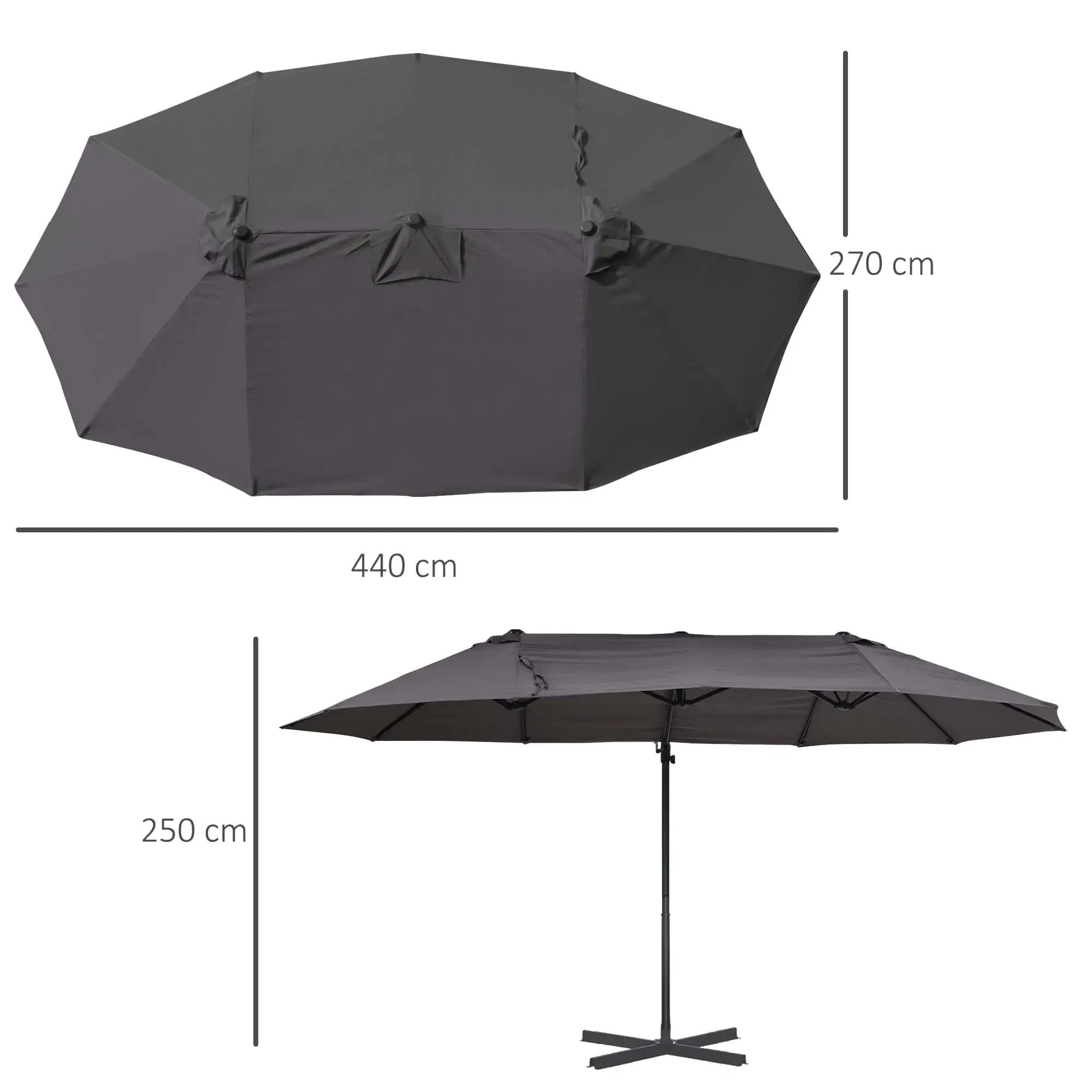 Das Bild zeigt die Abmessungen eines grauen Doppelsonnenschirms: 270 cm hoch, 440 cm breit und 250 cm Gesamthöhe.