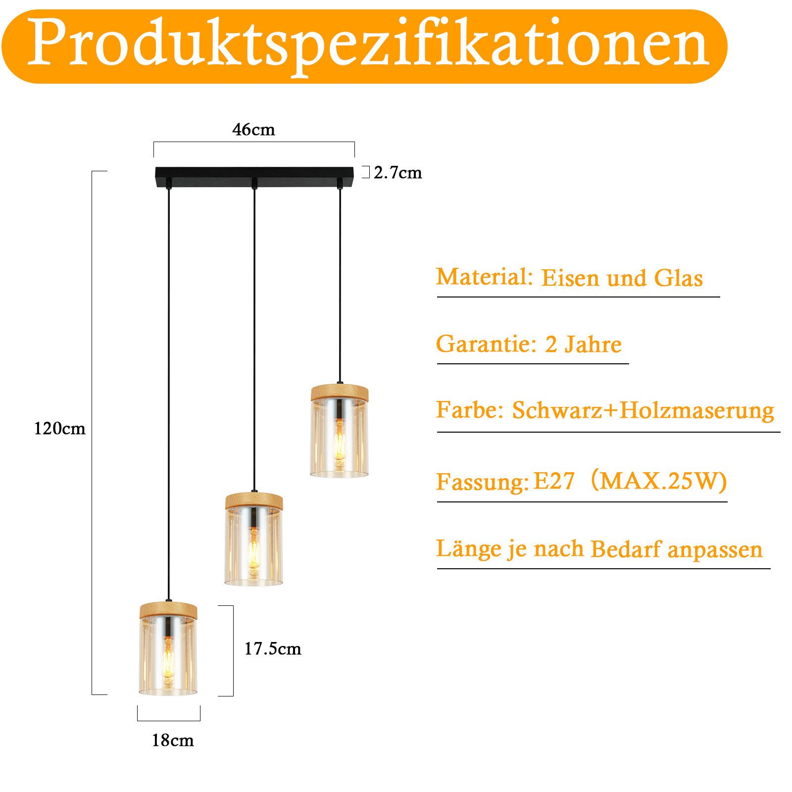 Diagramma che mostra le dimensioni e i materiali di una lampada a sospensione a tre luci con legno e vetro.