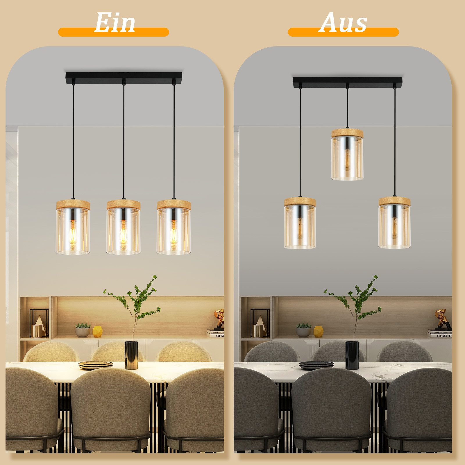 Lampada a sospensione a tre luci con legno e vetro, accesa e spenta sopra un tavolo da pranzo.