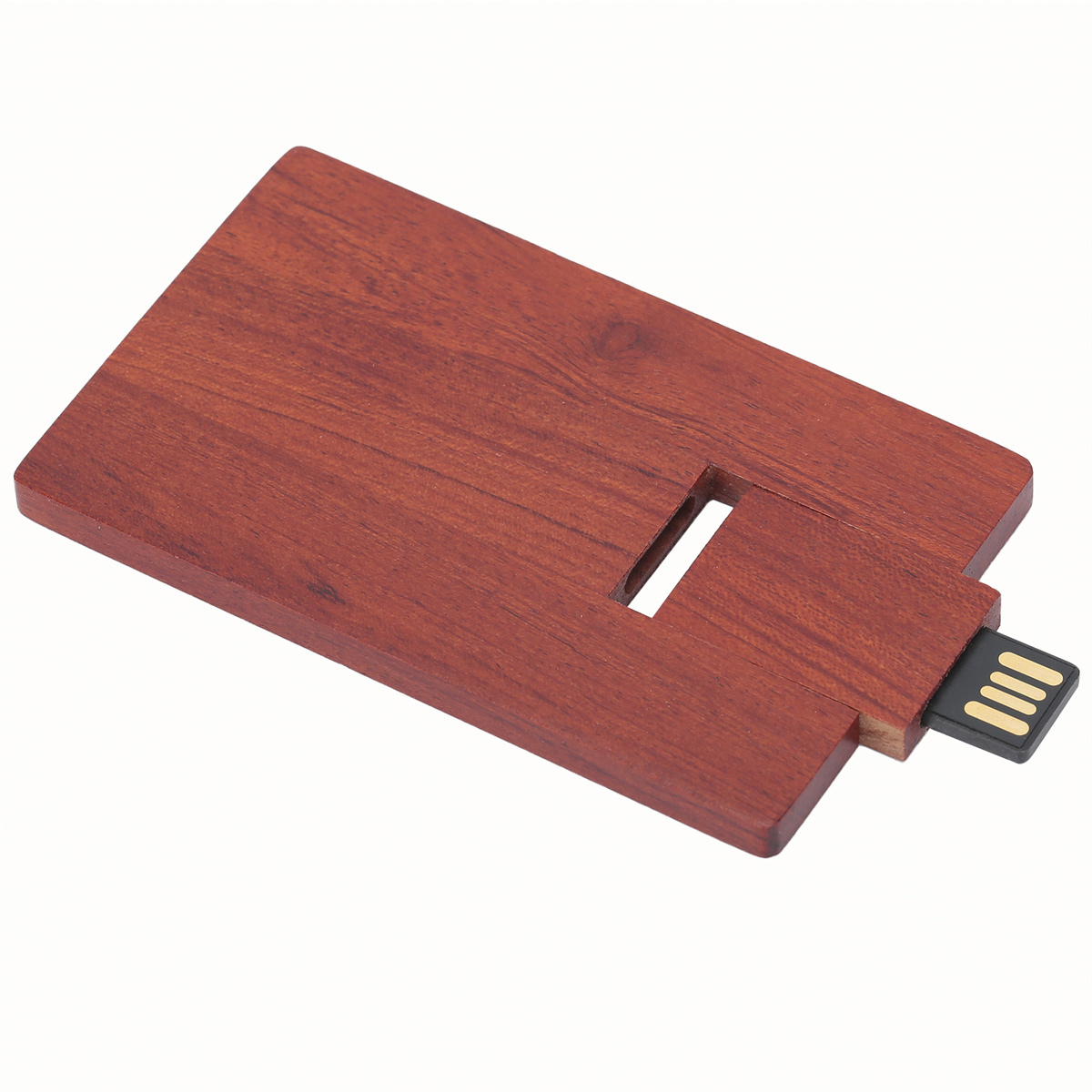 Ein kastanienbrauner USB-Stick aus Holz, bei dem der USB-Anschluss ausgefahren ist.