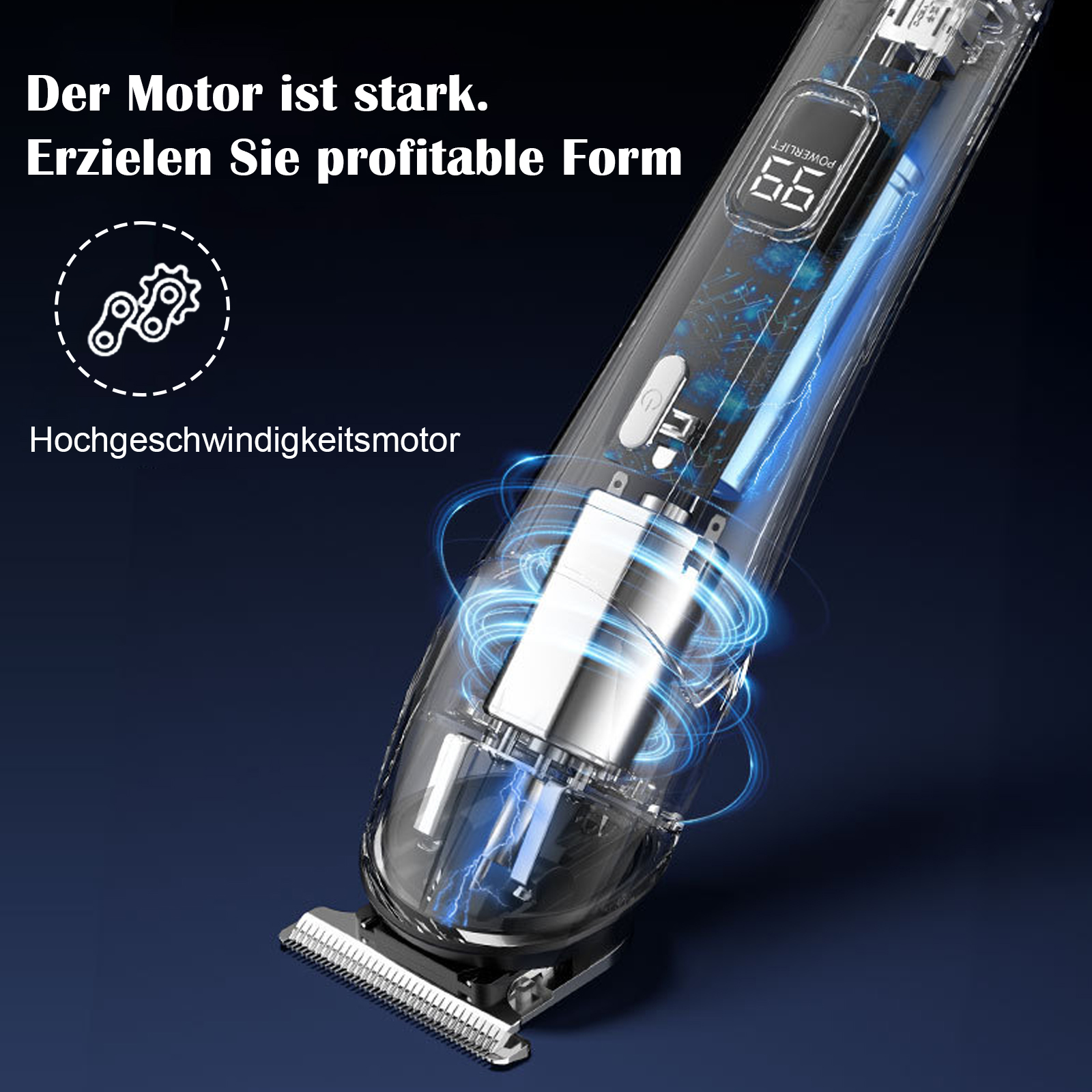 Ein transparenter Trimmer, der seinen Motor und die internen Komponenten mit blauen Lichtbögen zeigt.