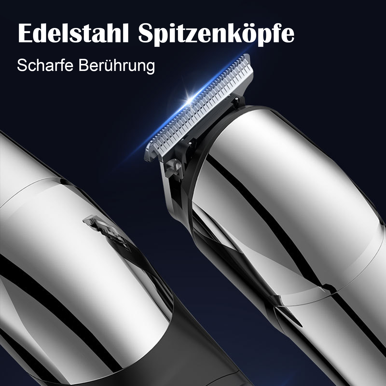 Nahaufnahme von Trimmerklingen aus Edelstahl, die ihre Schärfe hervorheben.