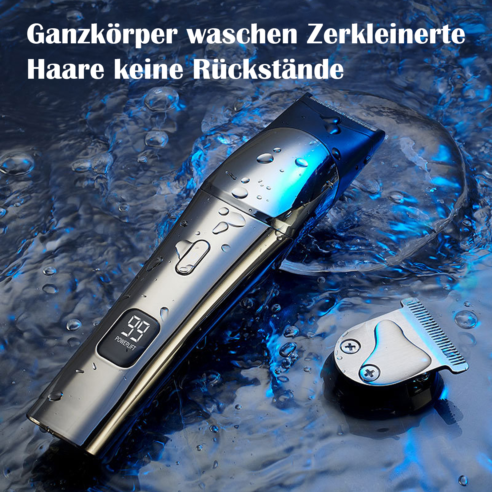 Das Bild zeigt einen silbernen Elektrorasierer mit Wassertropfen darauf und einen zusätzlichen Rasierkopf daneben.