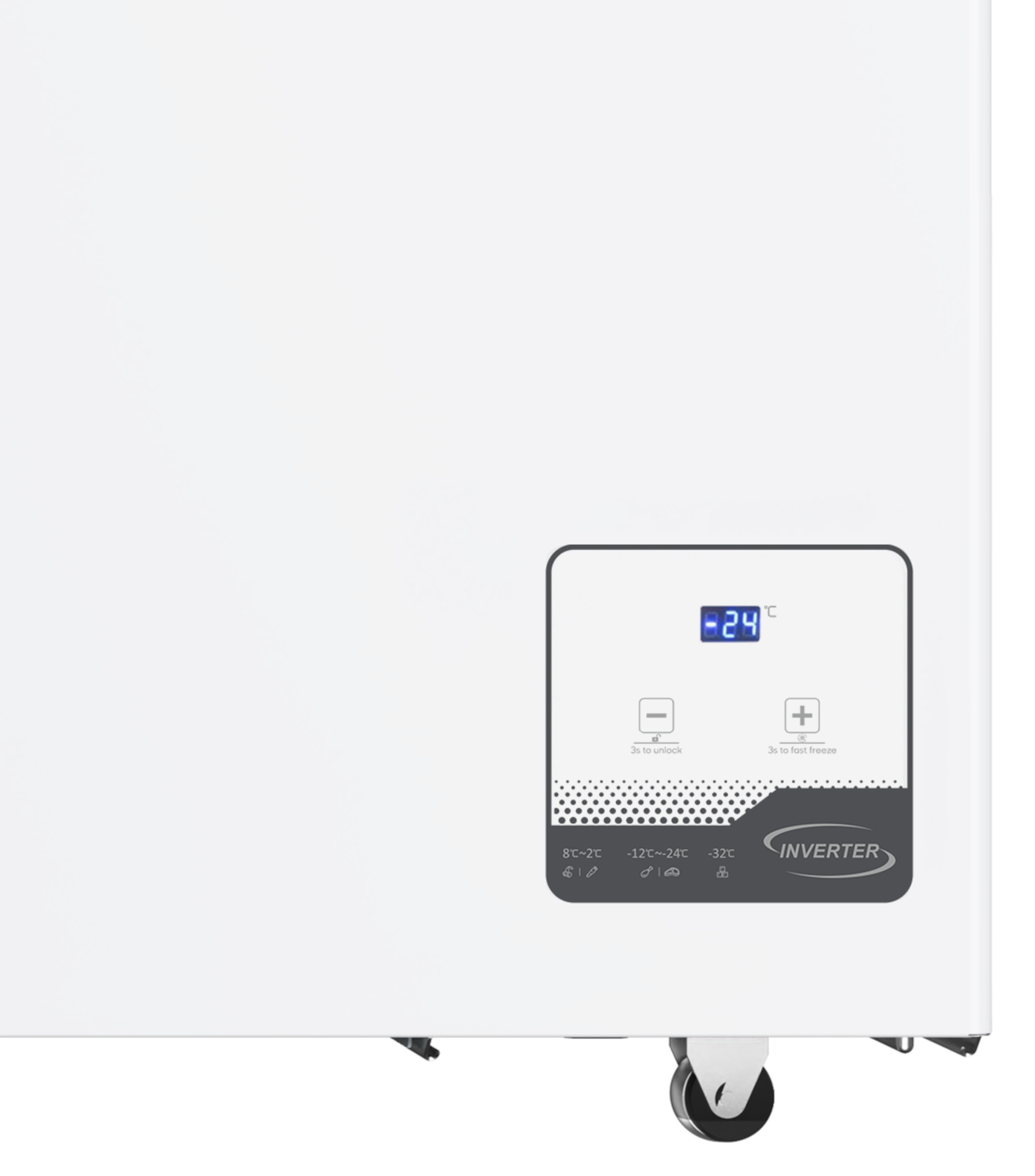 Das Bild zeigt einen weißen Gefrierschrank mit einem digitalen Display und einem Bedienfeld auf der Vorderseite.