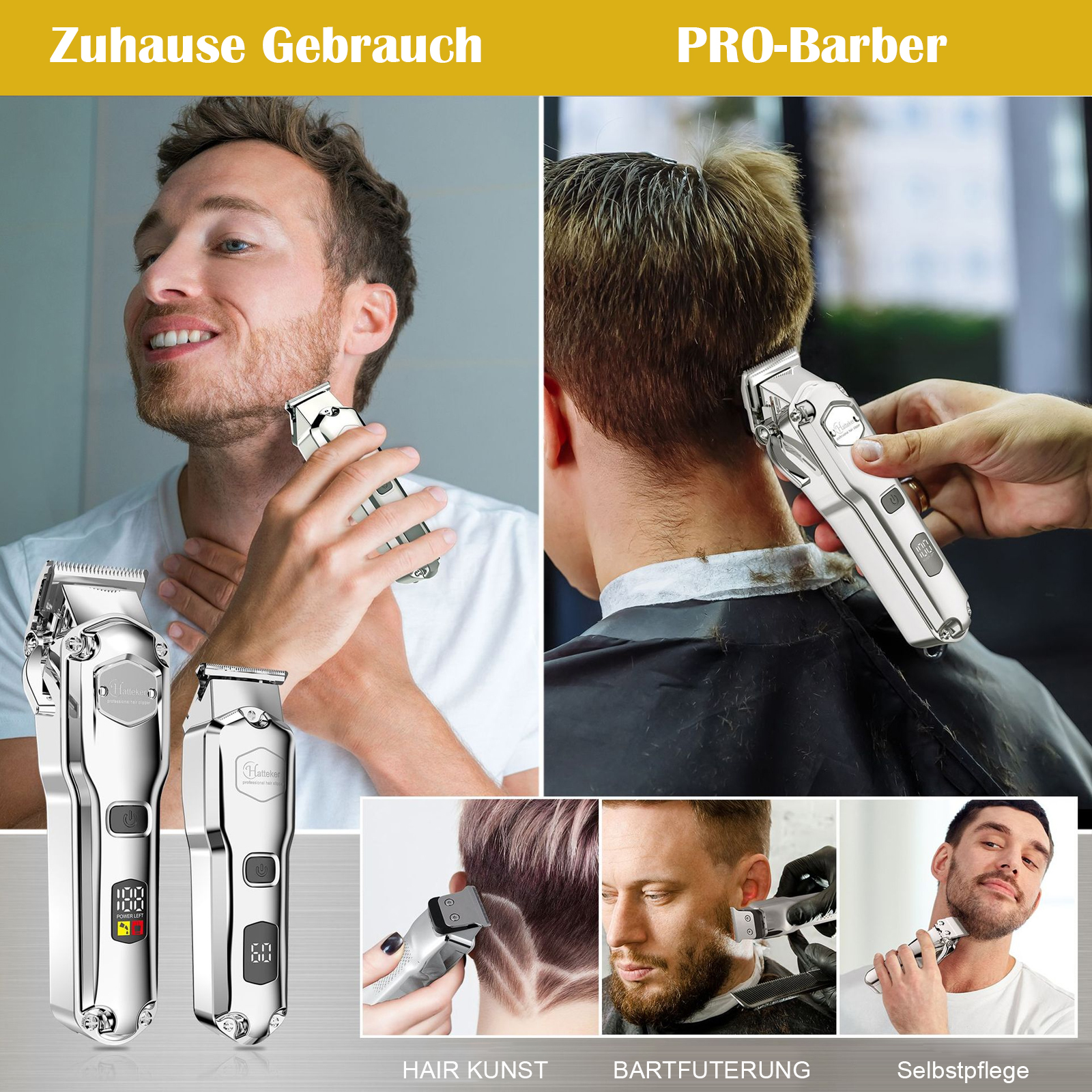 Das Bild zeigt eine Collage von Bildern, auf denen Männer silberne Haarschneidemaschinen zum Trimmen und Stylen verwenden.