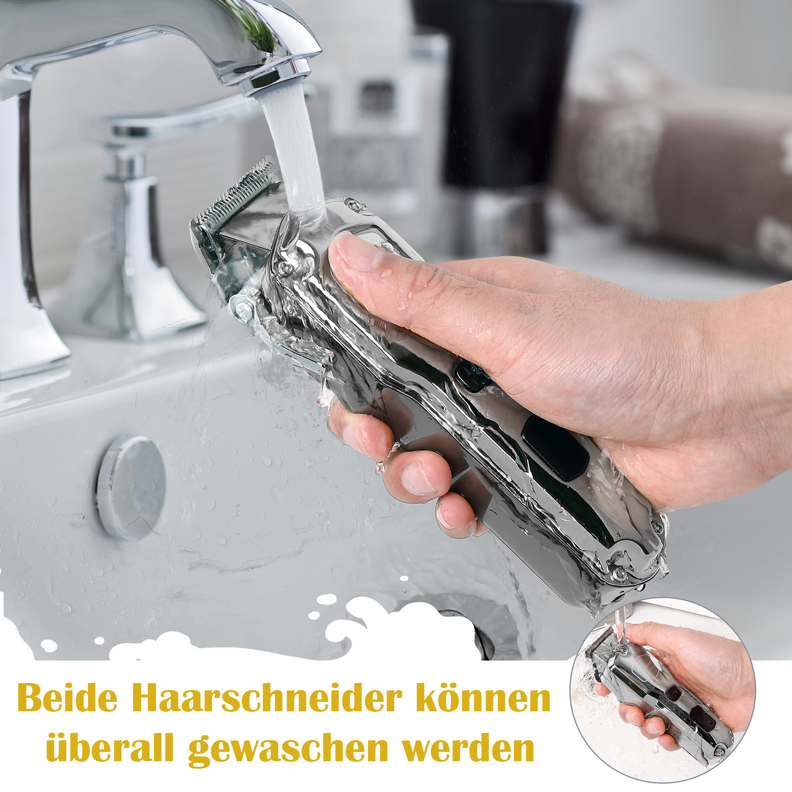 Das Bild zeigt eine Hand, die eine silberne Haarschneidemaschine hält, die unter fließendem Wasser in einem Waschbecken abgespült wird.