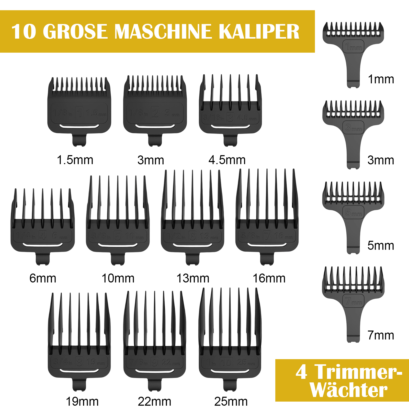 Das Bild zeigt eine Nahaufnahme verschiedener schwarzer Trimmeraufsätze mit unterschiedlichen, in Millimetern beschrifteten Größen.