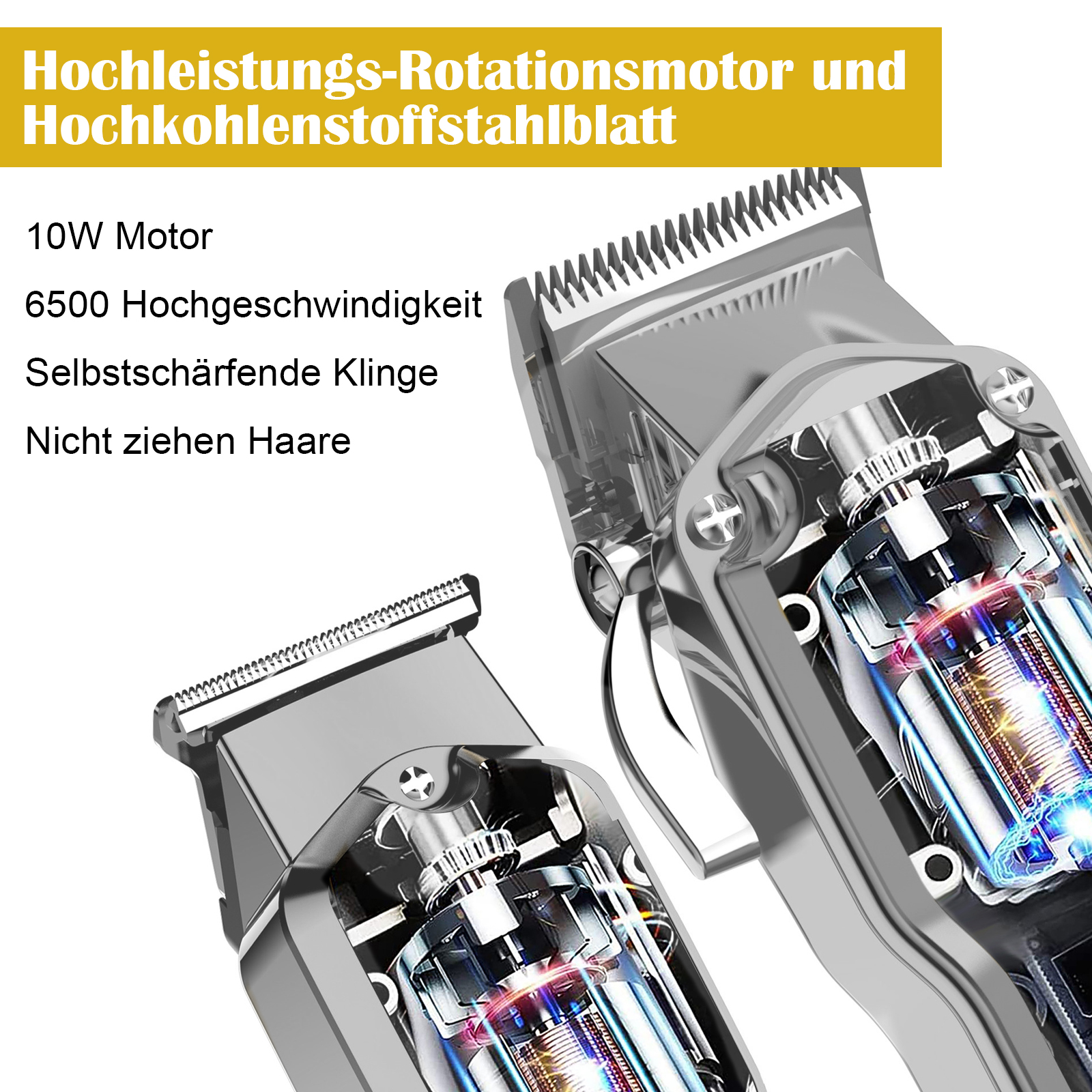 Zwei silberne Haarschneidemaschinen werden gezeigt, die ihre internen Motoren durch ein klares Gehäuse präsentieren.