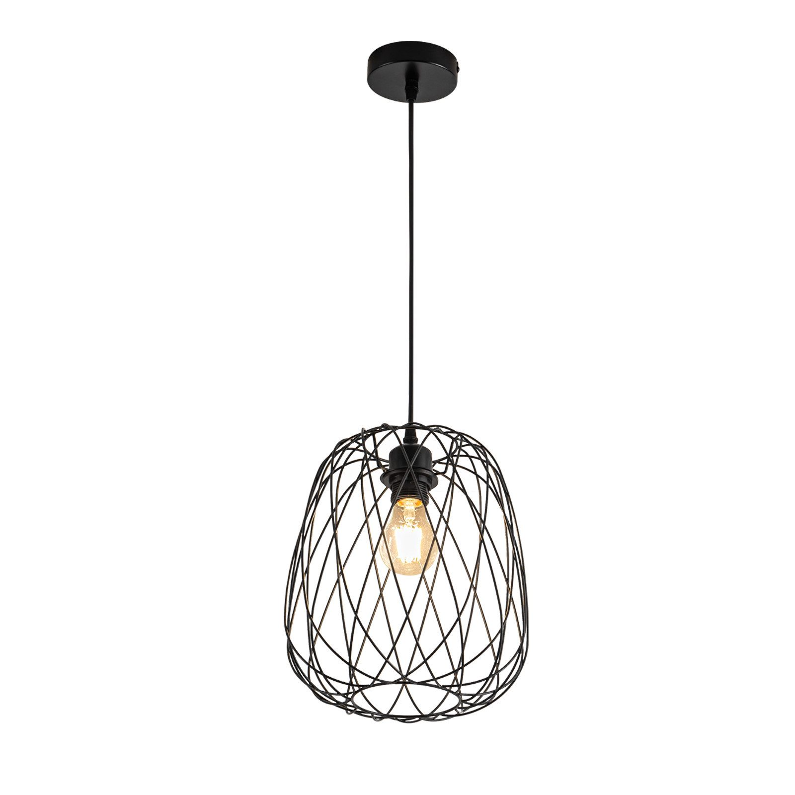 Una lampada a sospensione nera con struttura a filo metallico e lampadina a vista pende su uno sfondo bianco semplice.