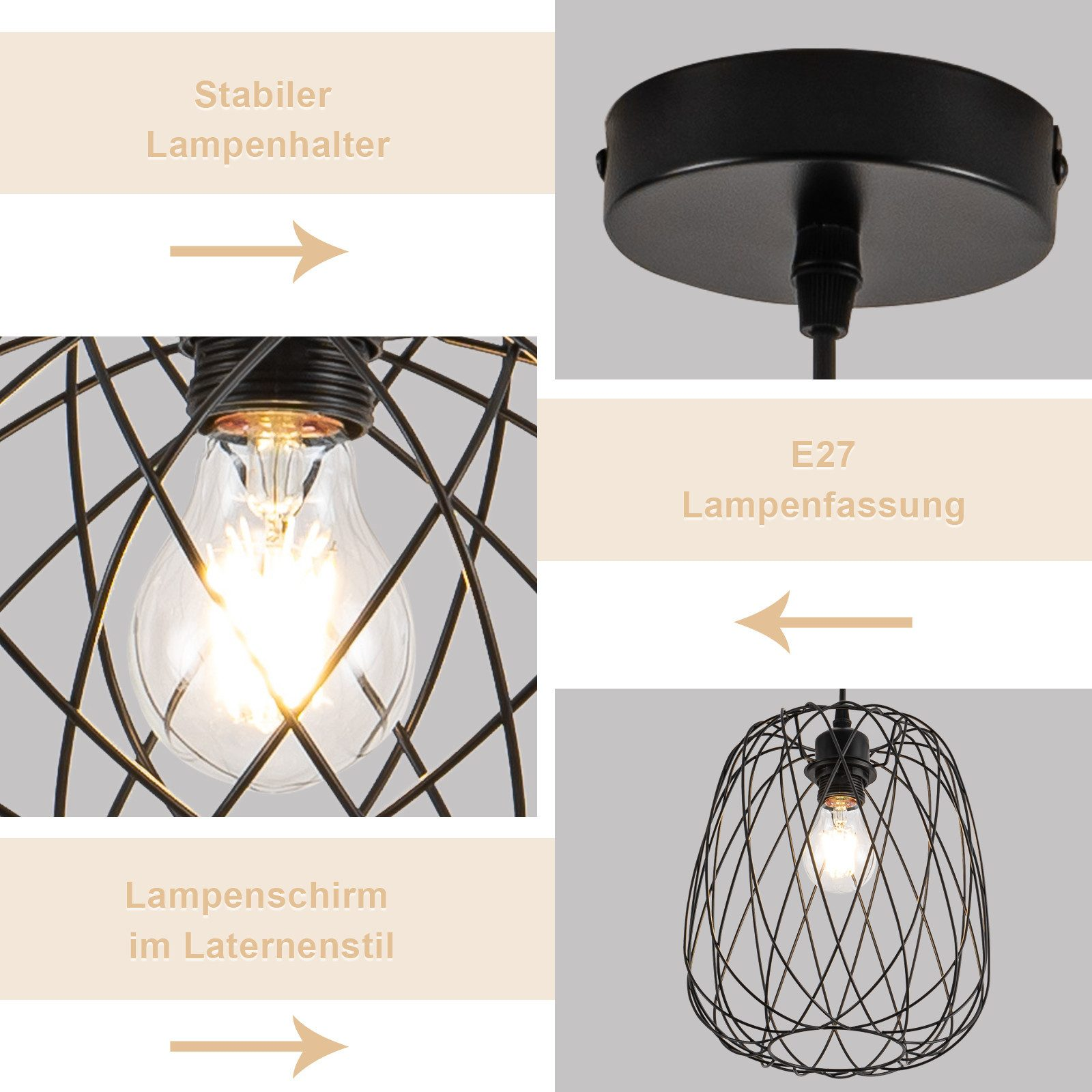 Un collage mostra una lampada a filo con una lampadina, evidenziandone il supporto stabile e il portalampada E27.