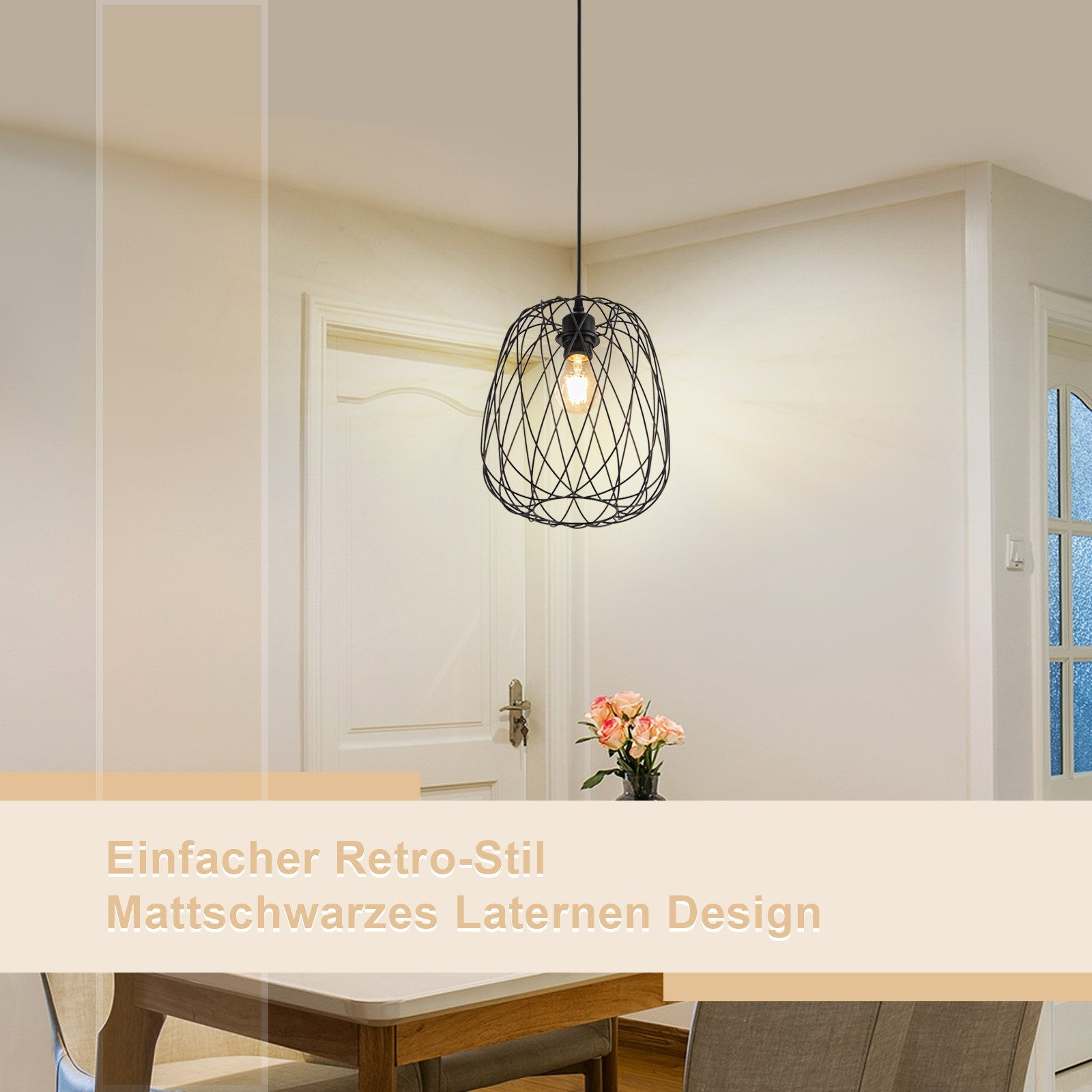 Una lampada a sospensione in filo nero pende sopra un tavolo, con una sovrapposizione di testo che promuove lo stile e il design retrò.