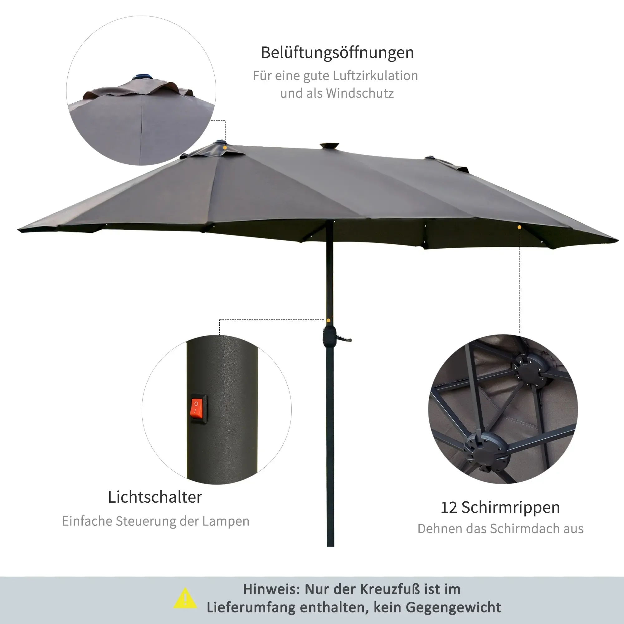 Ein grauer Terrassenschirm verfügt über Belüftung, einen Lichtschalter und Stützrippen vor einem neutralen Hintergrund.