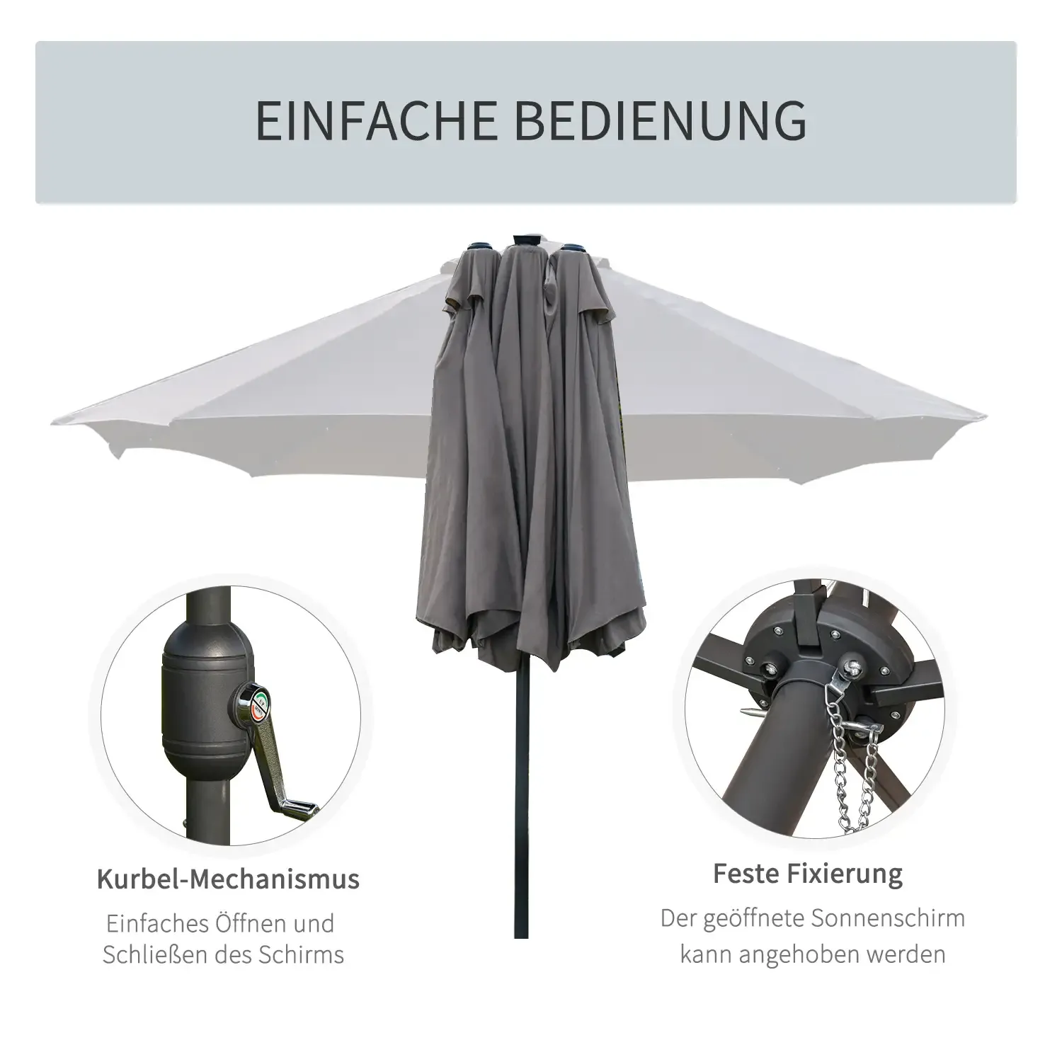 Ein weißer Sonnenschirm ist geöffnet, mit Details des Kurbelmechanismus und seiner festen Befestigung.