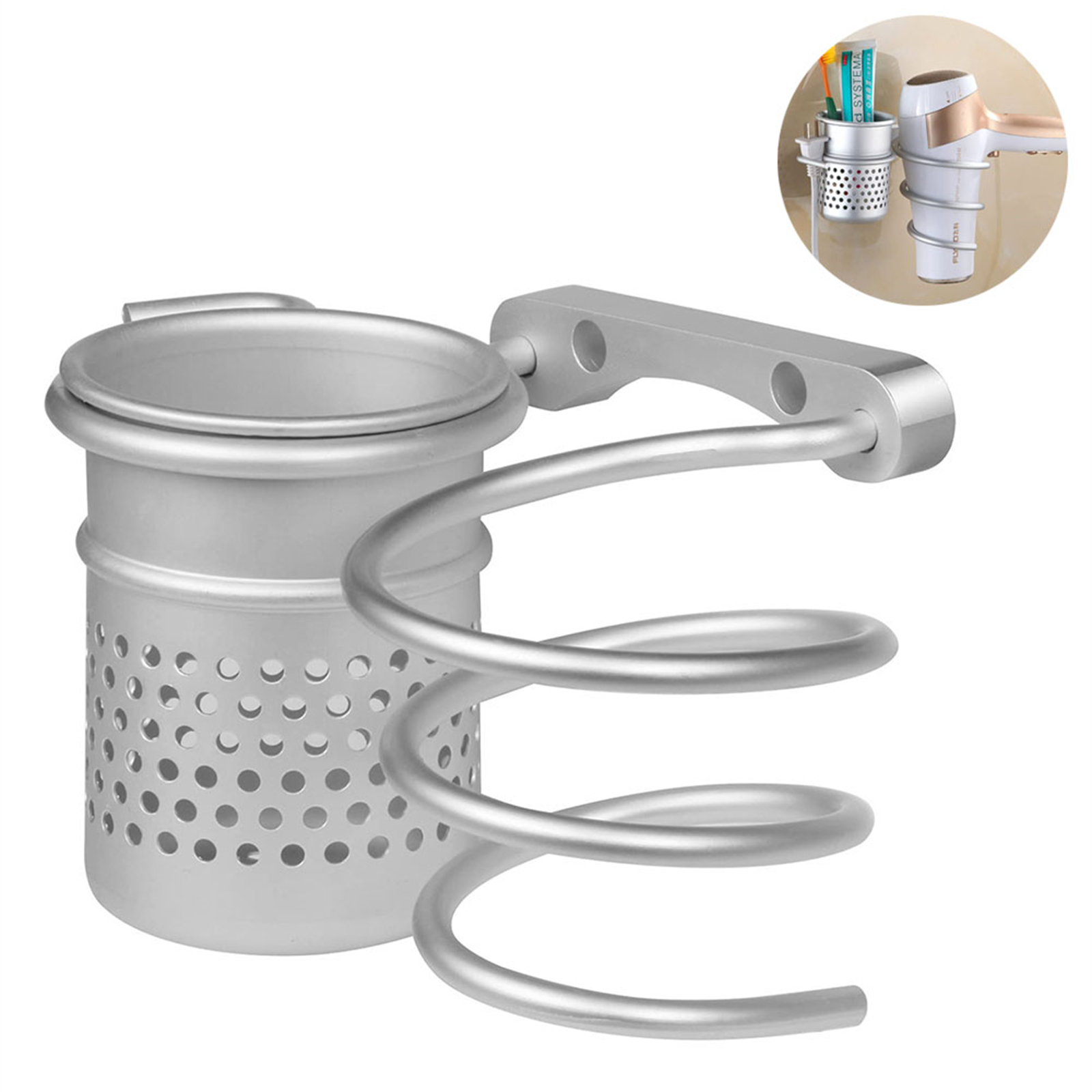 Ein silberfarbener Haartrocknerhalter mit Becher und Spiralstütze wird vor einem weißen Hintergrund angezeigt.