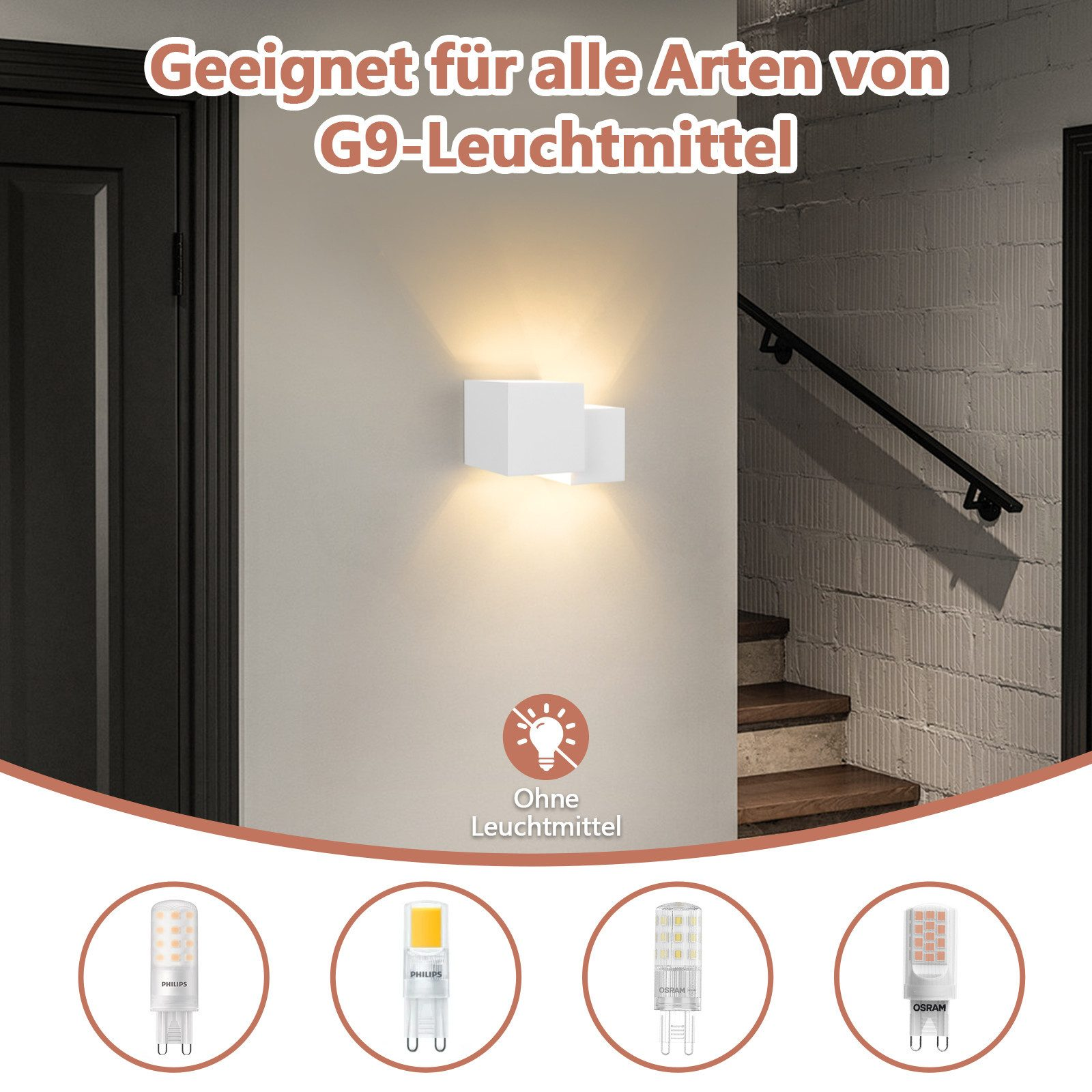 Parete con un apparecchio di illuminazione bianco e una fila di lampadine a LED in basso.