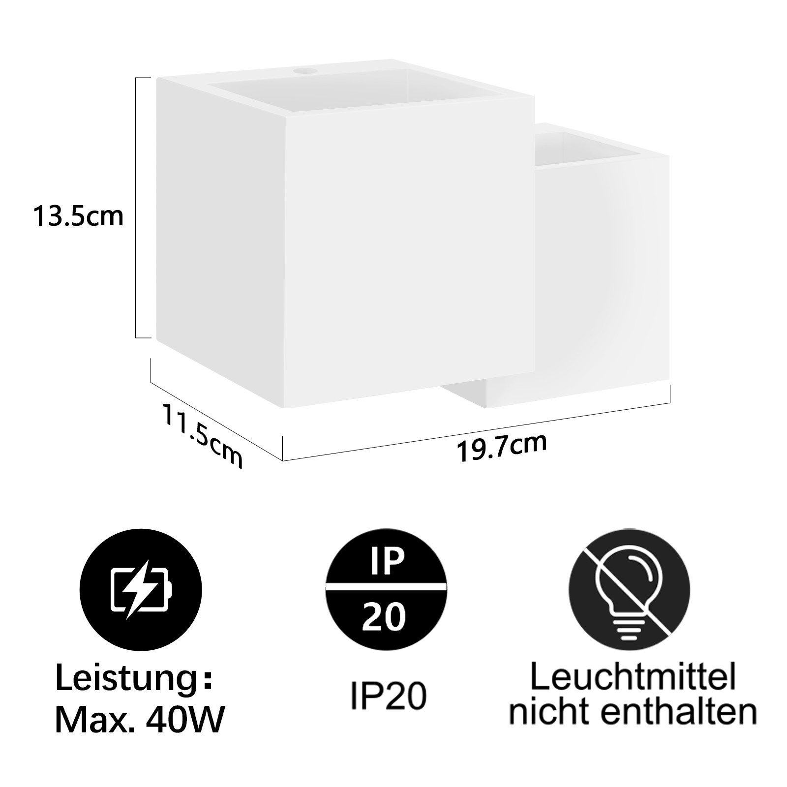 Un apparecchio a cubo bianco con dimensioni e specifiche tecniche.