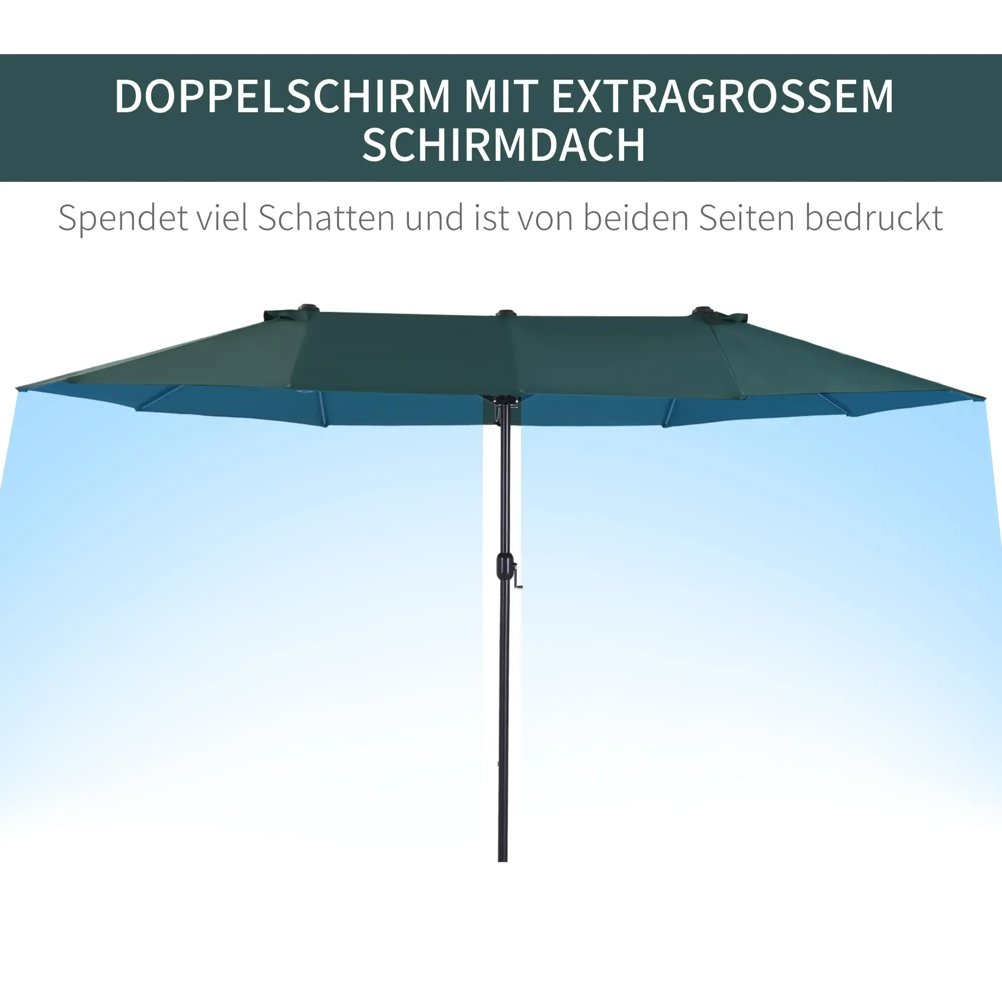 Ein grüner Doppelschirm mit blauem Innenraum vor hellblauem Himmel.