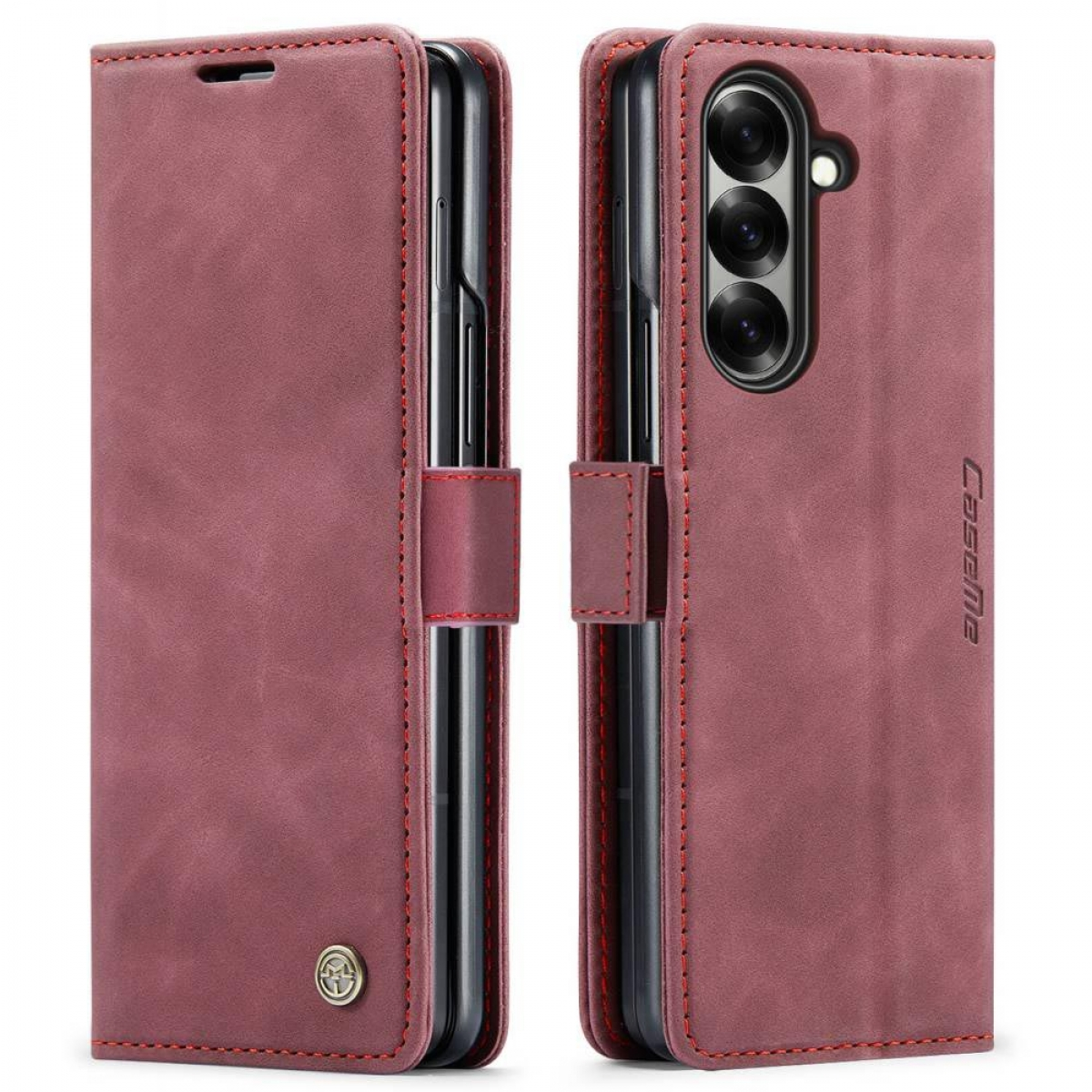 Eine weinrote Leder-Handyhülle. Die Hülle ist offen, das Telefon ist sichtbar, mit roten Nähten und Knopf.