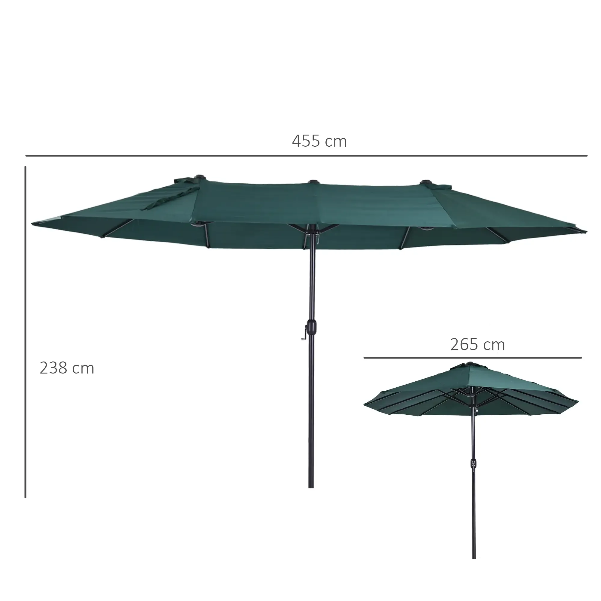Zwei grüne Sonnenschirme nebeneinander, mit Maßen. Der größere ist 238 cm hoch und 455 cm breit.