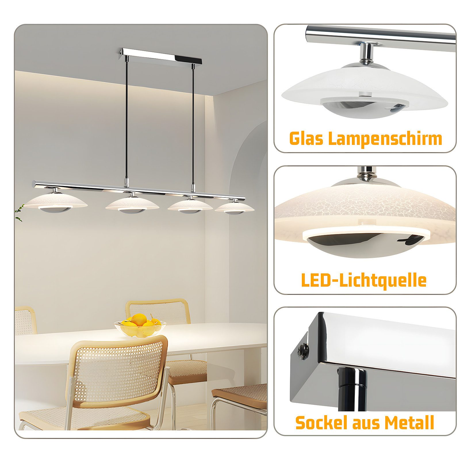 Dettagli ravvicinati della lampada da soffitto: paralume in vetro, sorgente luminosa a LED e presa in metallo. Testo in tedesco.