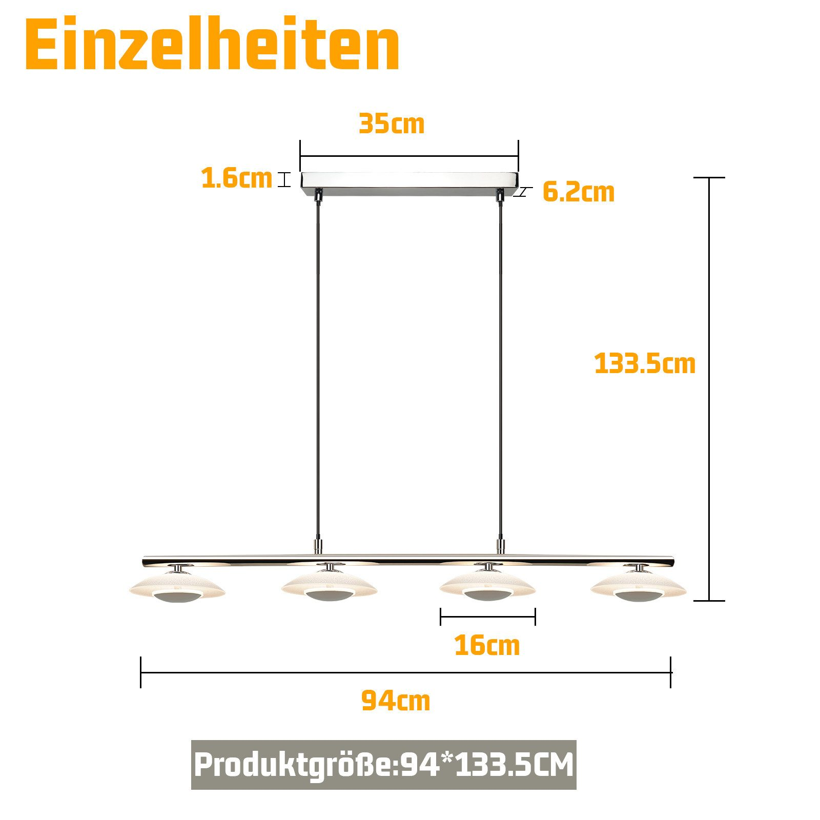 Diagramma con le dimensioni della lampada da soffitto: 94 cm di lunghezza, 133,5 cm di altezza, 35 cm di larghezza e 16 cm per lampada.