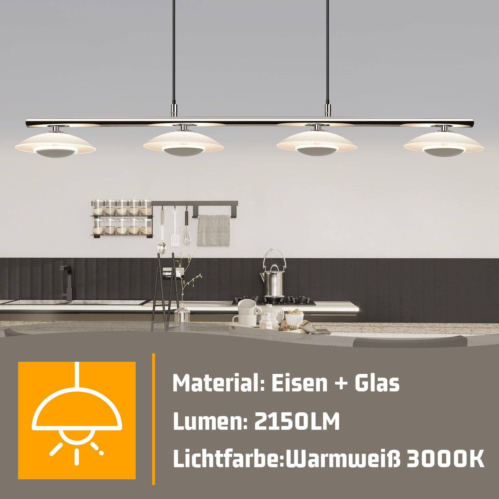 La lampada da soffitto in un ambiente cucina. Materiale: Ferro + Vetro, Lumen: 2150LM, Colore luce: Bianco caldo 3000K.