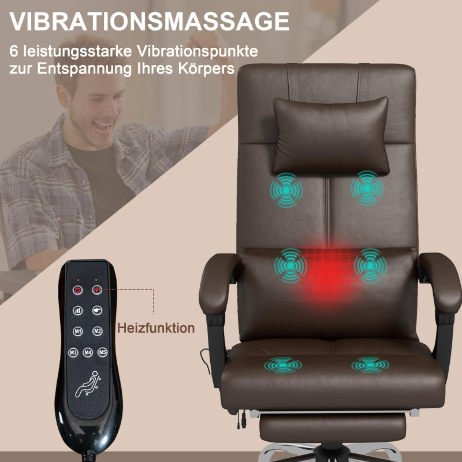 Ein brauner Bürostuhl mit Massage- und Heizfunktionen wird zusammen mit einer Fernbedienung zur Einstellung der Einstellungen angezeigt.