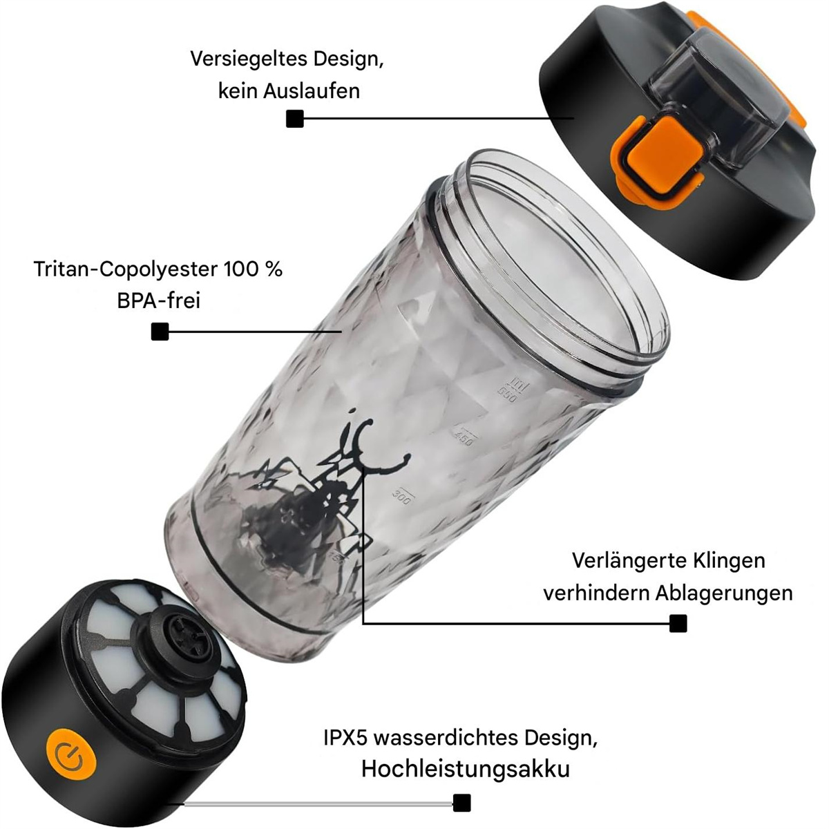Eine Explosionszeichnung zeigt die Komponenten eines tragbaren Mixers: Deckel, Behälter, Klingen und Sockel, wobei das BPA-freie Material hervorgehoben wird.