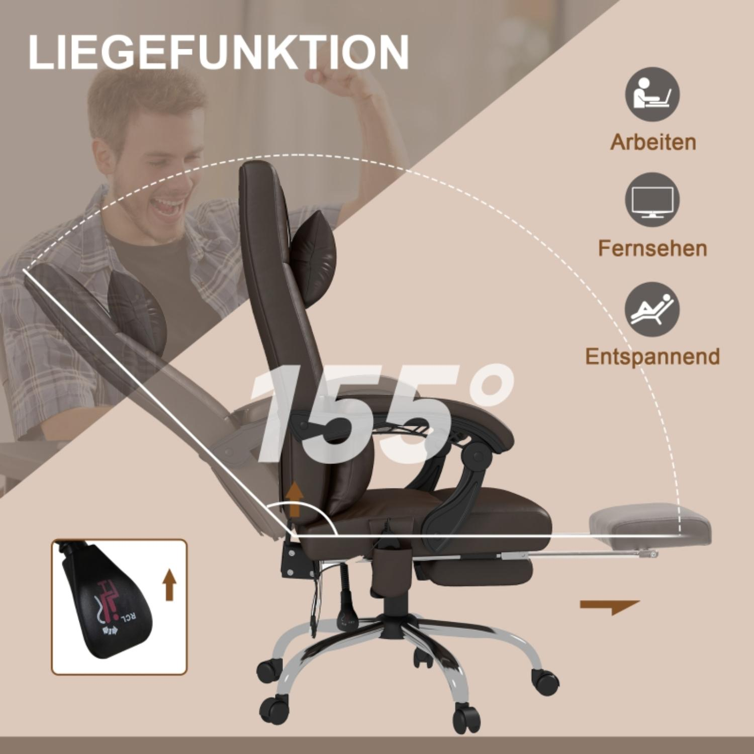 Ein brauner Bürostuhl, der sich um 155 Grad zurücklehnt, demonstriert seine Liegefunktion zum Arbeiten, Fernsehen oder Entspannen.