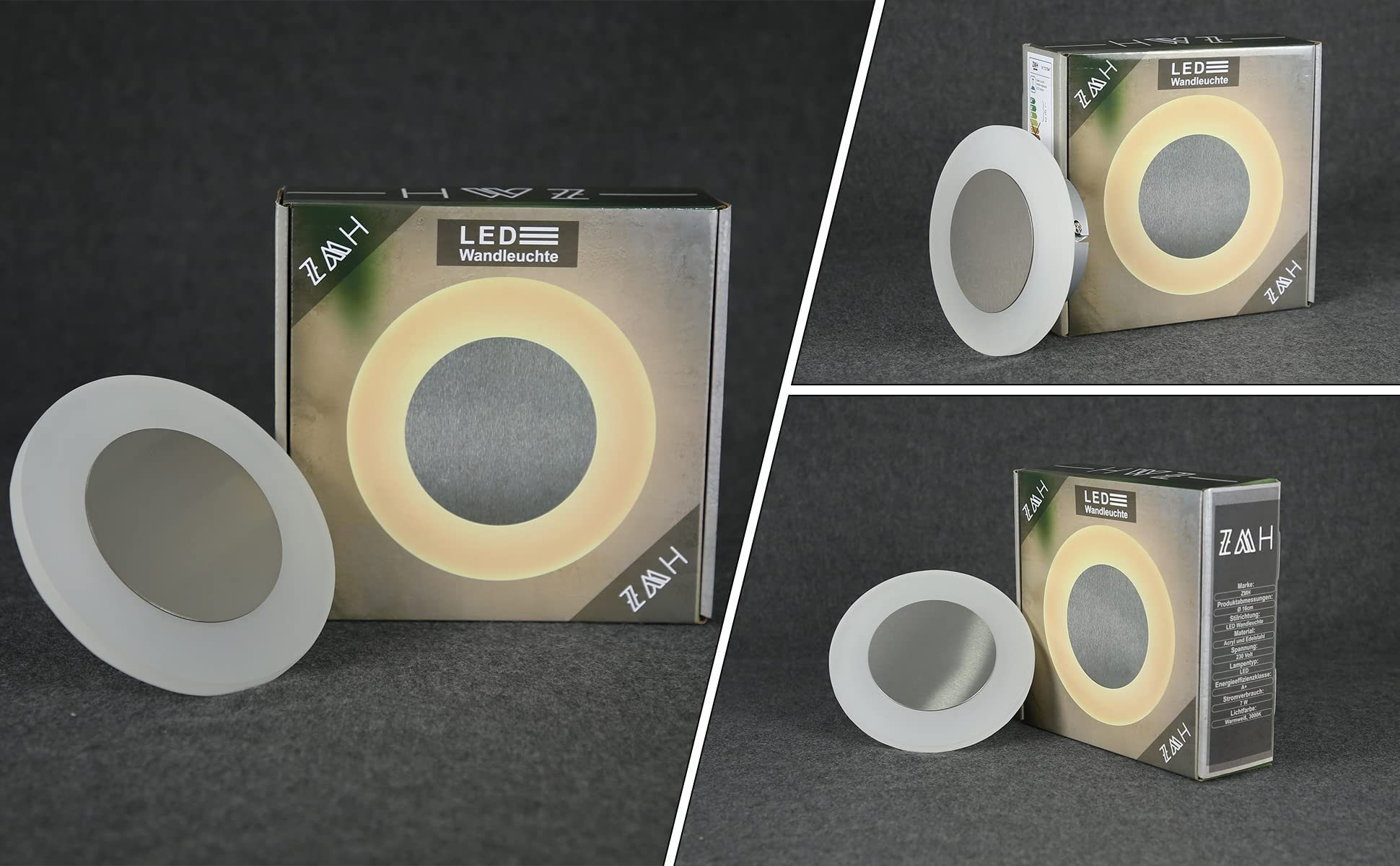 Viste multiple di una lampada da parete a LED circolare e della sua confezione, che mostrano il prodotto.