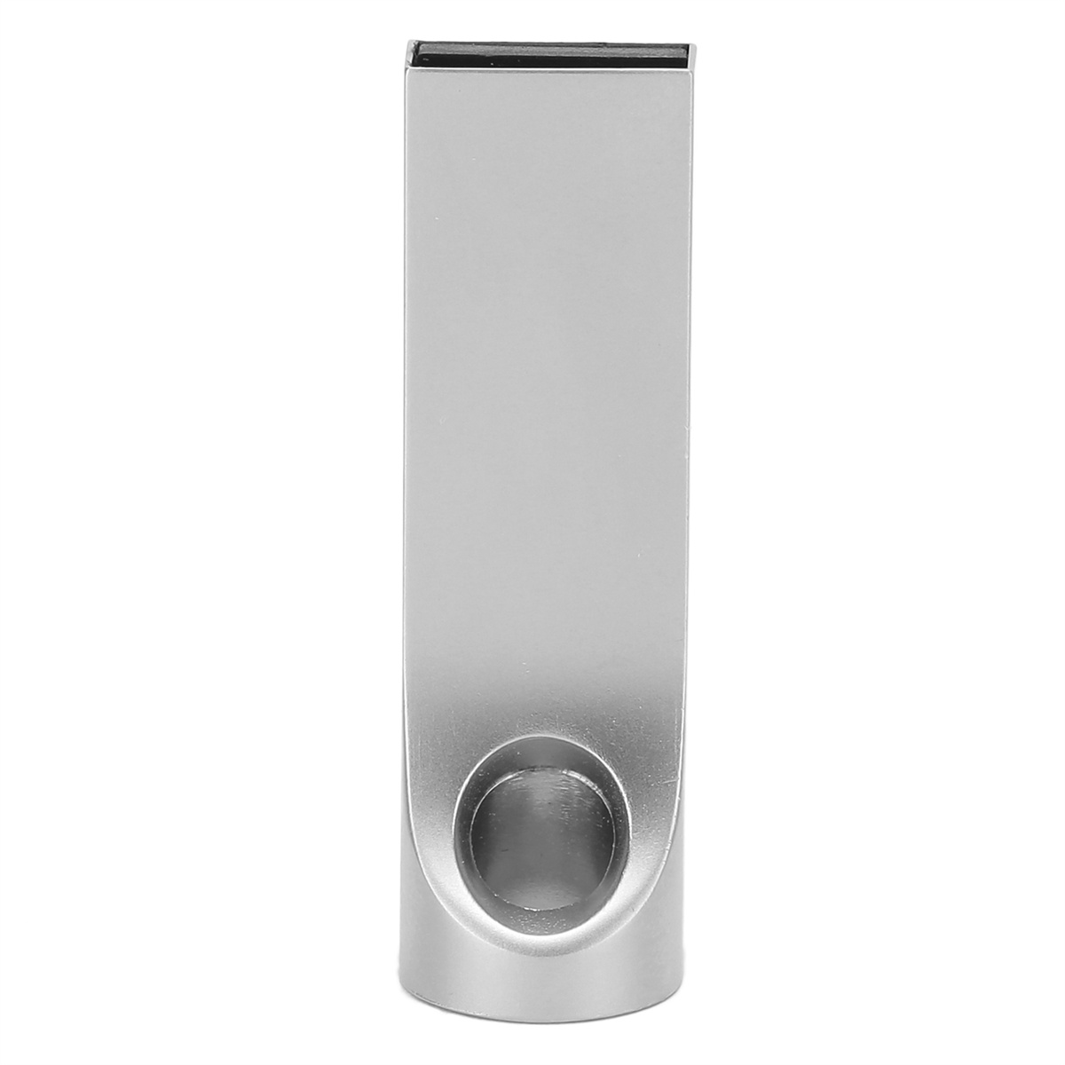 Ein silberner USB-Stick steht vertikal vor einem weißen Hintergrund, schlicht und elegant.