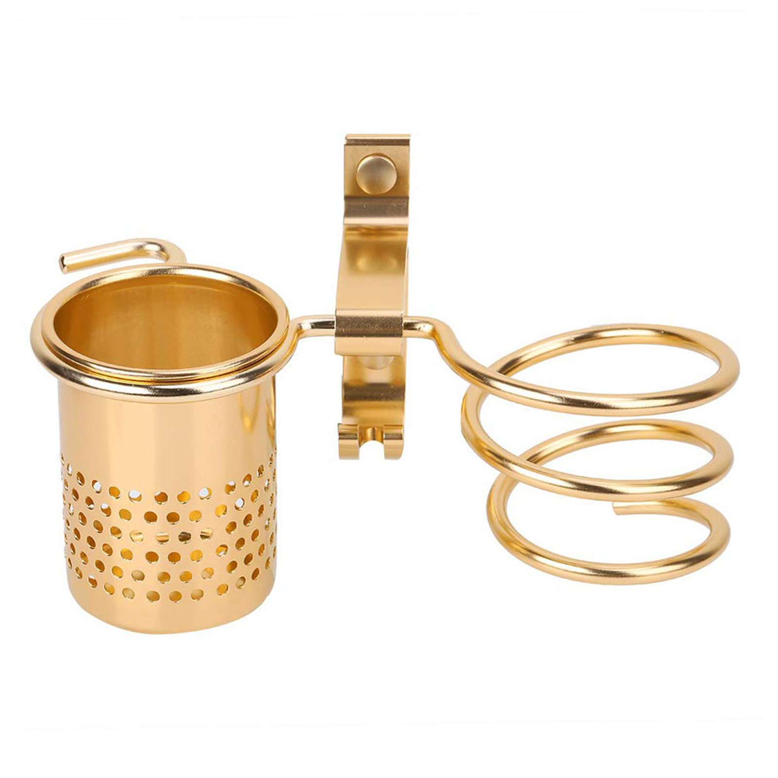 Goldfarbener Wandhalter für Haartrockner mit Becher und Spiralgestell.