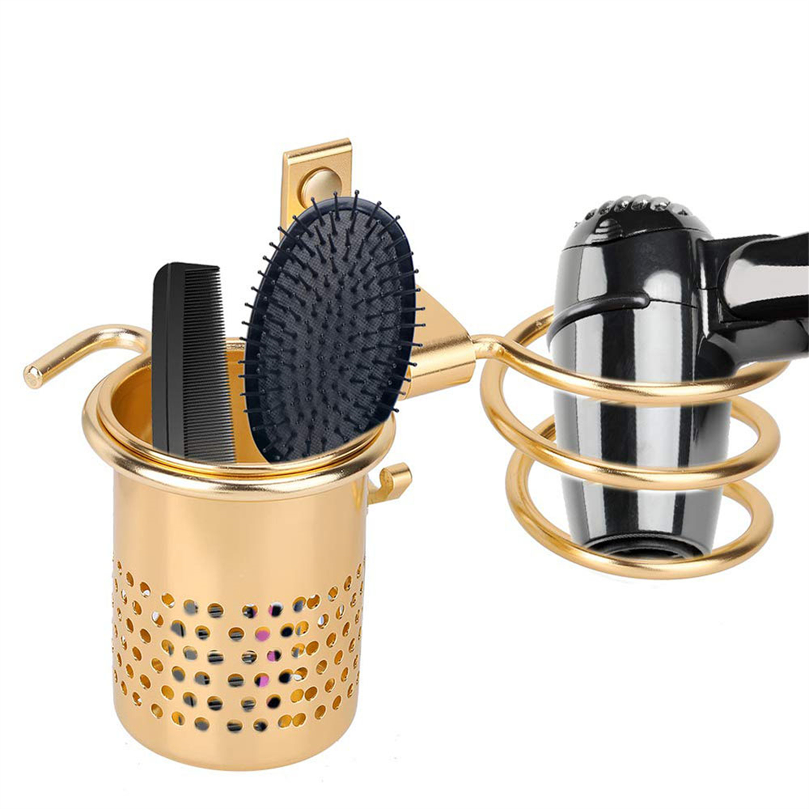 Goldener Haartrocknerhalter mit Kamm, Bürste und schwarzem Haartrockner im Spiralgestell.